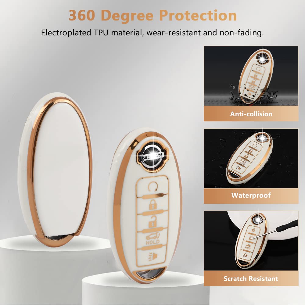 Pifoog Accessories For Nissan Key Cover Tpu Car Keys Shell Chain Waterproof Fit Nissan Altima Sentra Rogue Pathfinder Murano Armada Maxima Versa Remote Key White Girly