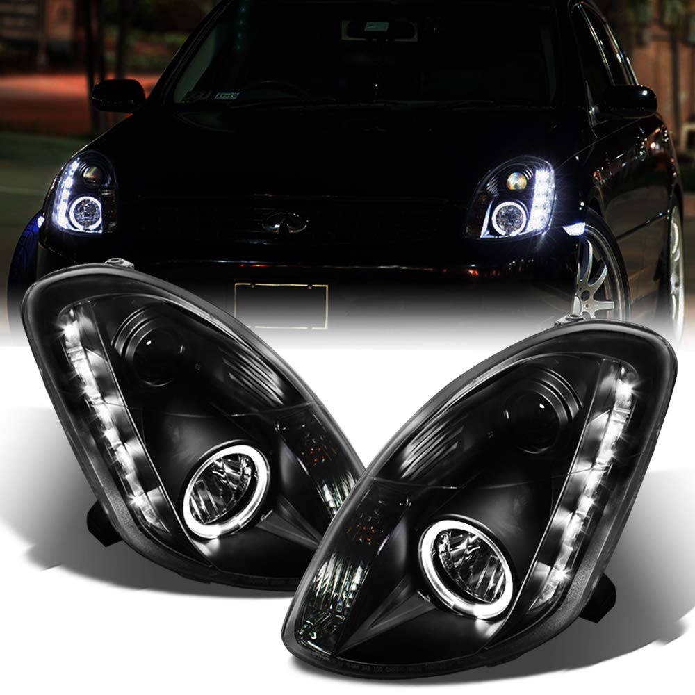Acanii - For [Halogen Model] 2003-2004 Infiniti G35 G35X Sedan Led Drl Halo Black Housing Projector Headlight Headlamp