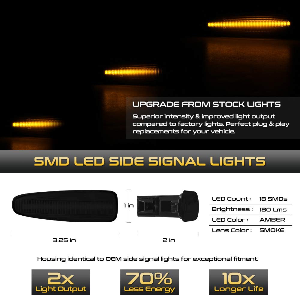 Vipmotoz Amber Full Led Side Indicator Light Front Turn Signal Blinker Lamp For Mitsubishi Lancer Evo X Mirage G4 Outlander Sport, Black Smoked Lens, 2-Piece Driver & Passenger Side Set