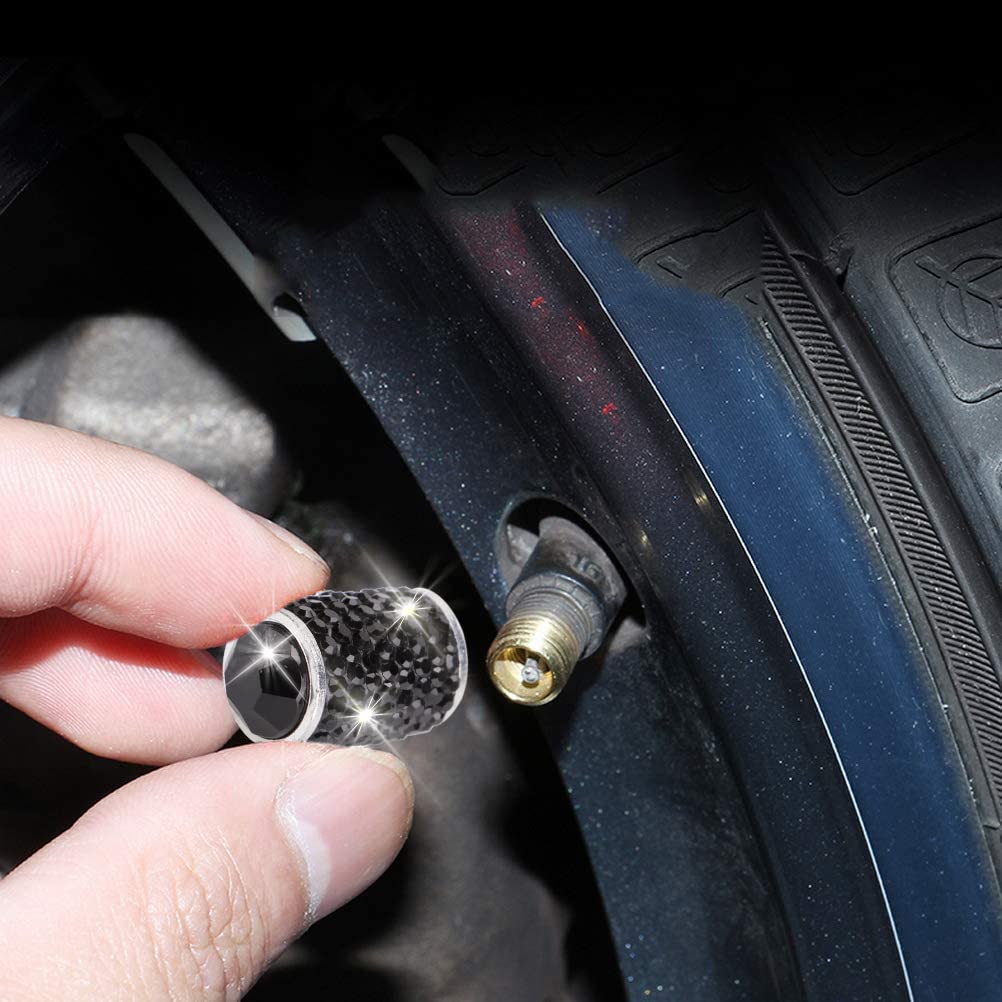 Tobequeen Bling Tire Valve Covers Black, 4 Pack Handmade Crystal Rhinestone Car Tire Caps Universal Dustproof Bling Car Accessories For Car/Suv/Motorcycle/Bike(Black)