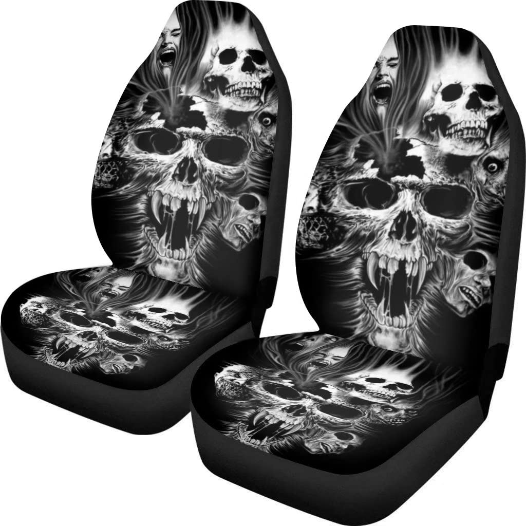 Dellukee Auto Front Car Seat Covers Seats 2 PCS Skull Print Universal Bucket Interior Accessories Decoration fits Most Cars, SUV