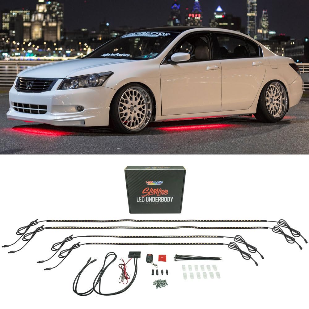LEDGlow 4pc Red Flexible Car Slimline LED Underbody Underglow Accent Neon Lighting Kit  4 Unique Patterns  Water Resistant, Lo