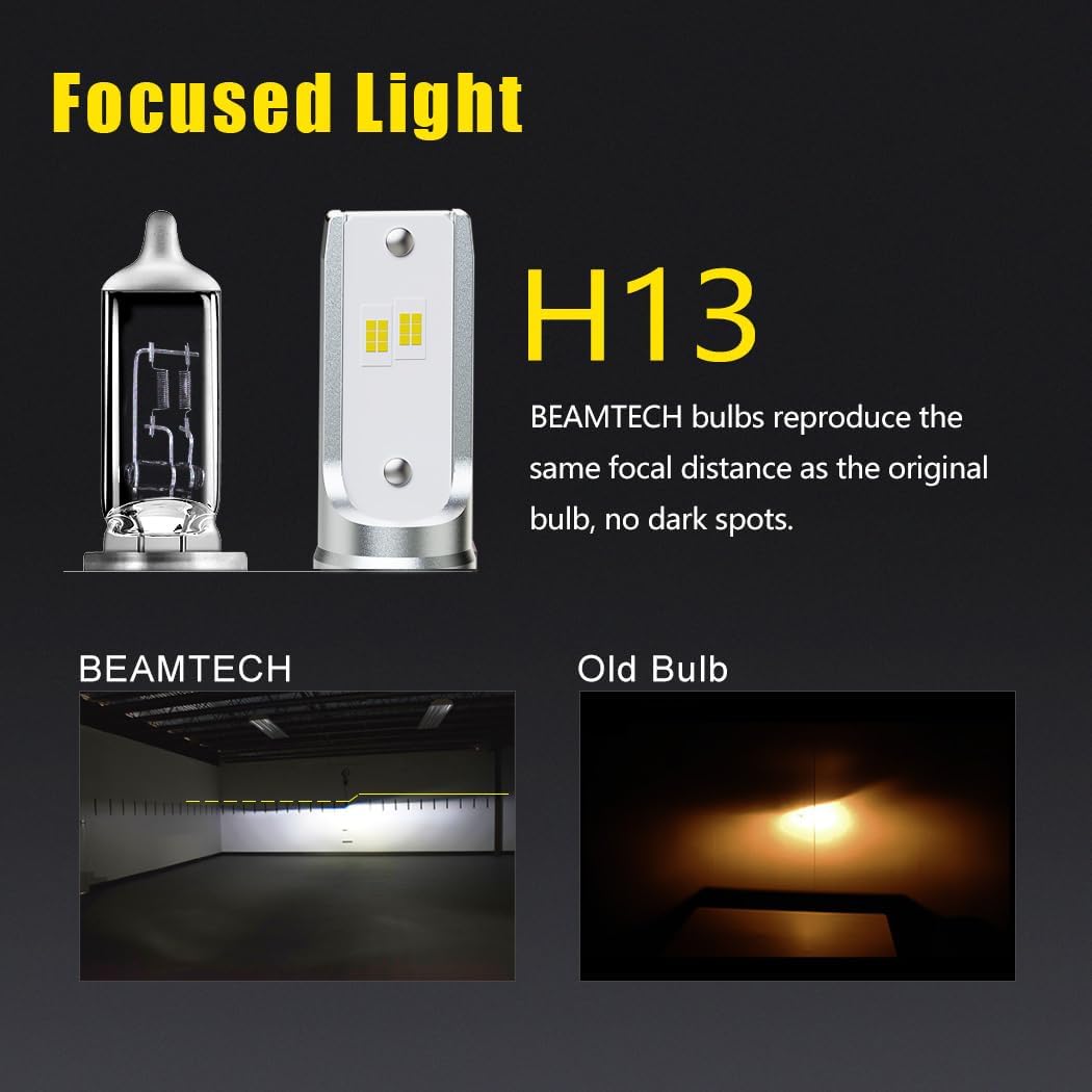Beamtech H13 Bulbs, S1 Series 9008 Fog Lights, 300% Brighter 6500K White, 2 Bulbs