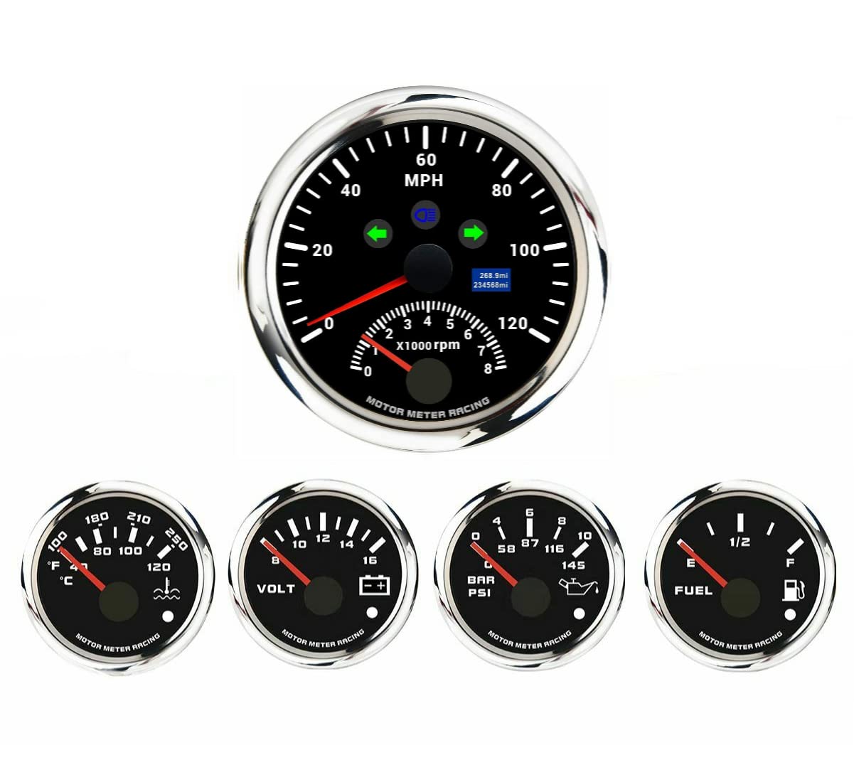 MOTOR METER RACING W PRO Series 5 Gauge Set - 85mm 3-3/8'' 2 In 1 GPS Speedometer & Tachometer 52mm 2-1/16'' Volt, Fuel Level, W