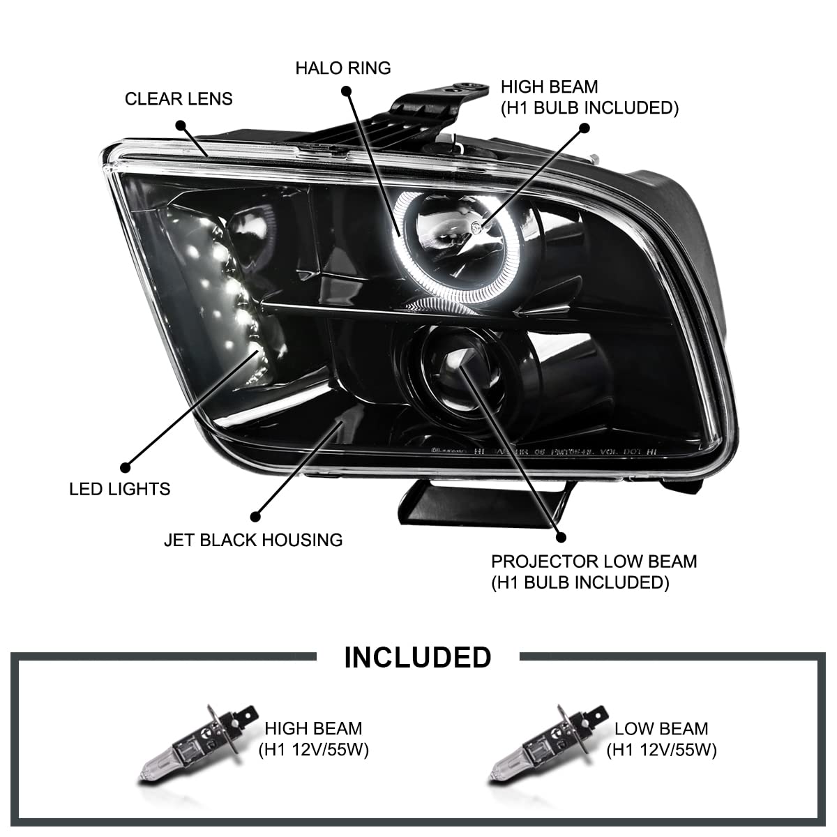 Spec-D Tuning Led Halo Jet Black Projector Headlights Compatible With 2005-2009 Ford Mustang, Left + Right Pair Headlamps Assemb