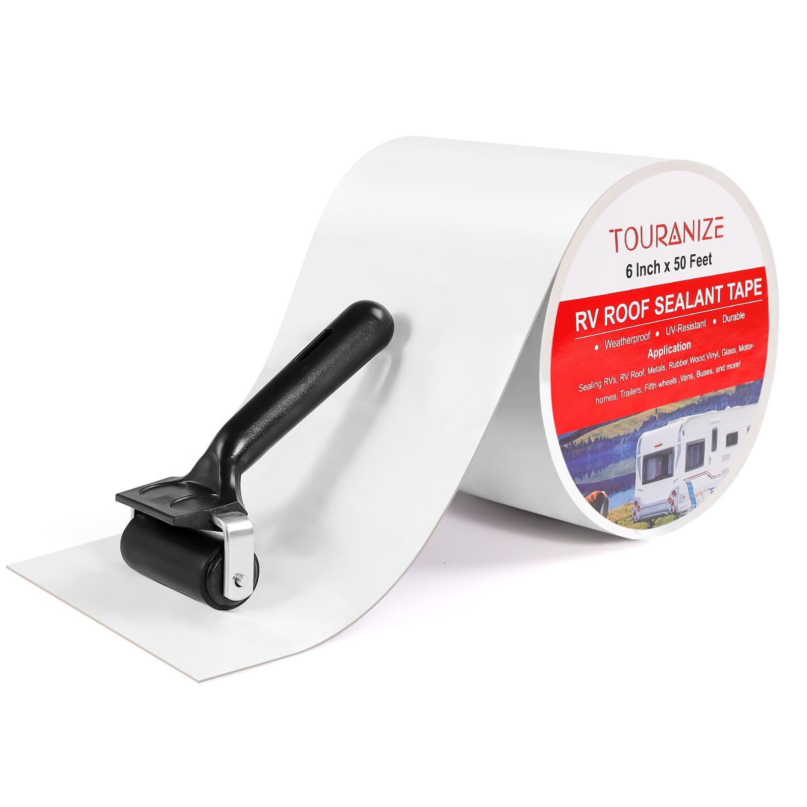 Touranize Rv Roof Tape With Rubber Roller, 6 Inch X 50 Feet Rv Sealant Tape For Camper Roof Repair, Boat Sealing, Trailer Roof S