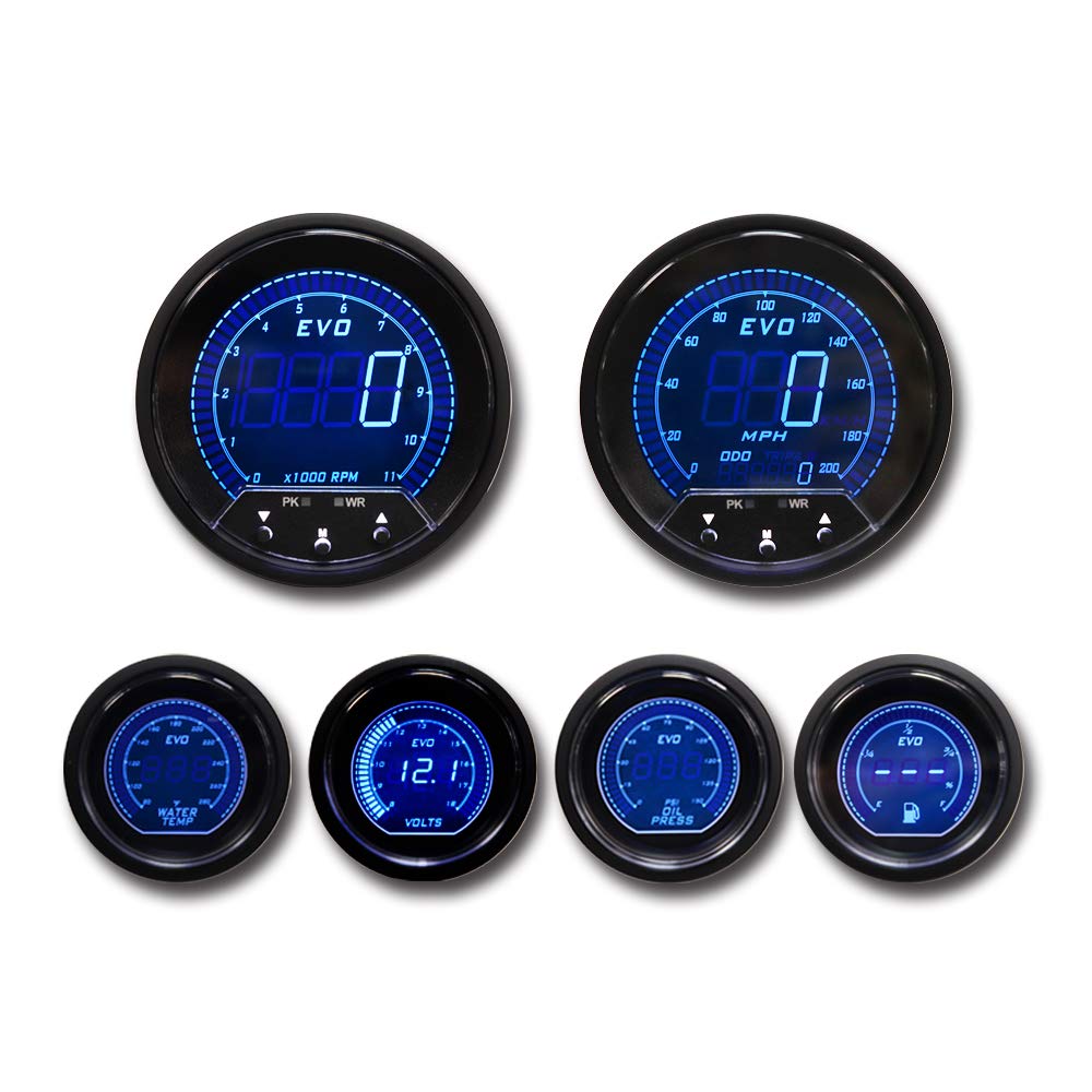 MOTOR METER RACING EVO Series Digital 6 Gauge Set - Blue & Red Switchable LED - 3-3/8 85mm GPS Speedometer & Tachometer - 2-1/16
