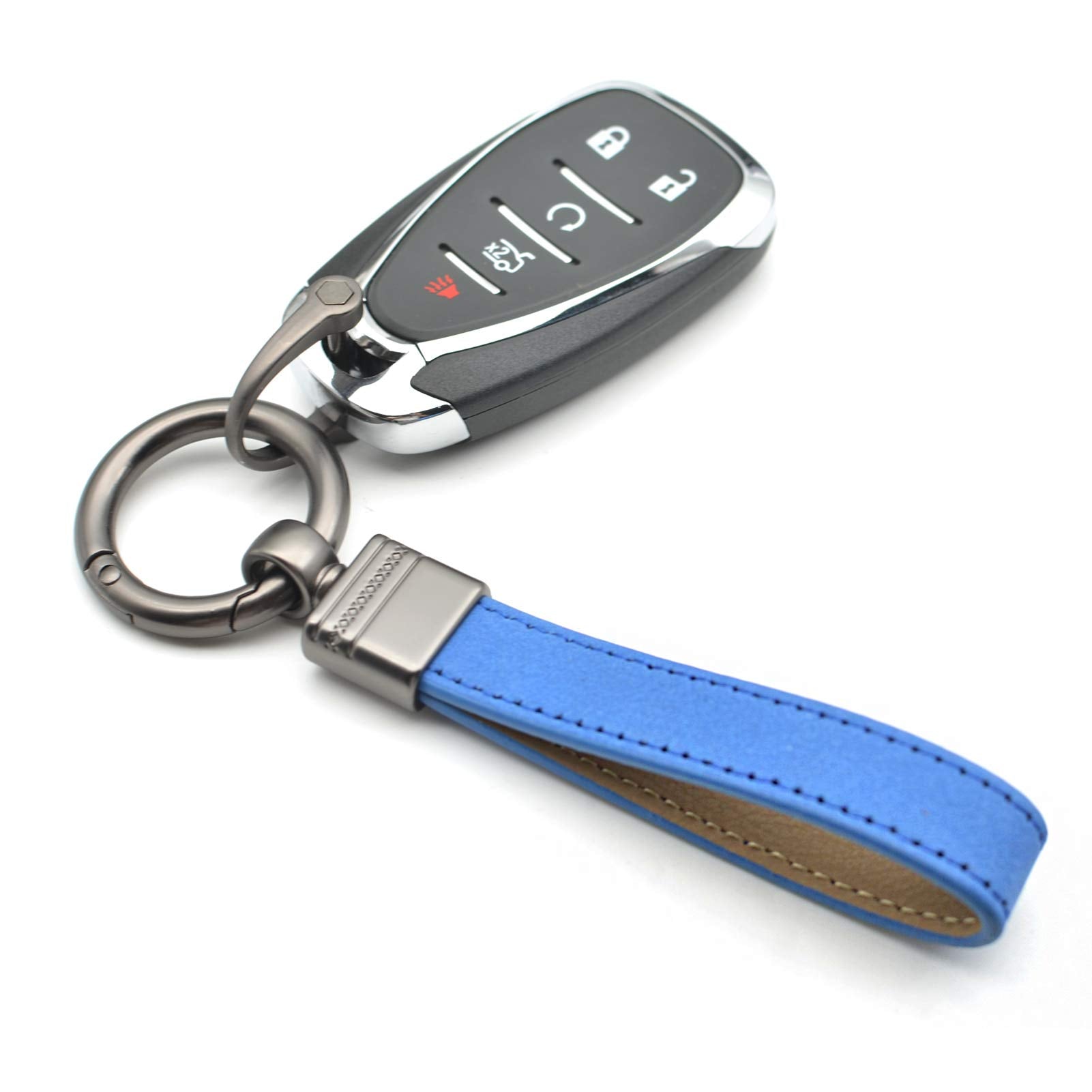 Car Fob Key Chain Genuine Leather Keychains Holder For Men And Women, 360 Degree Rotatable, With Anti-Lost D-Ring, Circle Carabiner And Key Rings, Blue