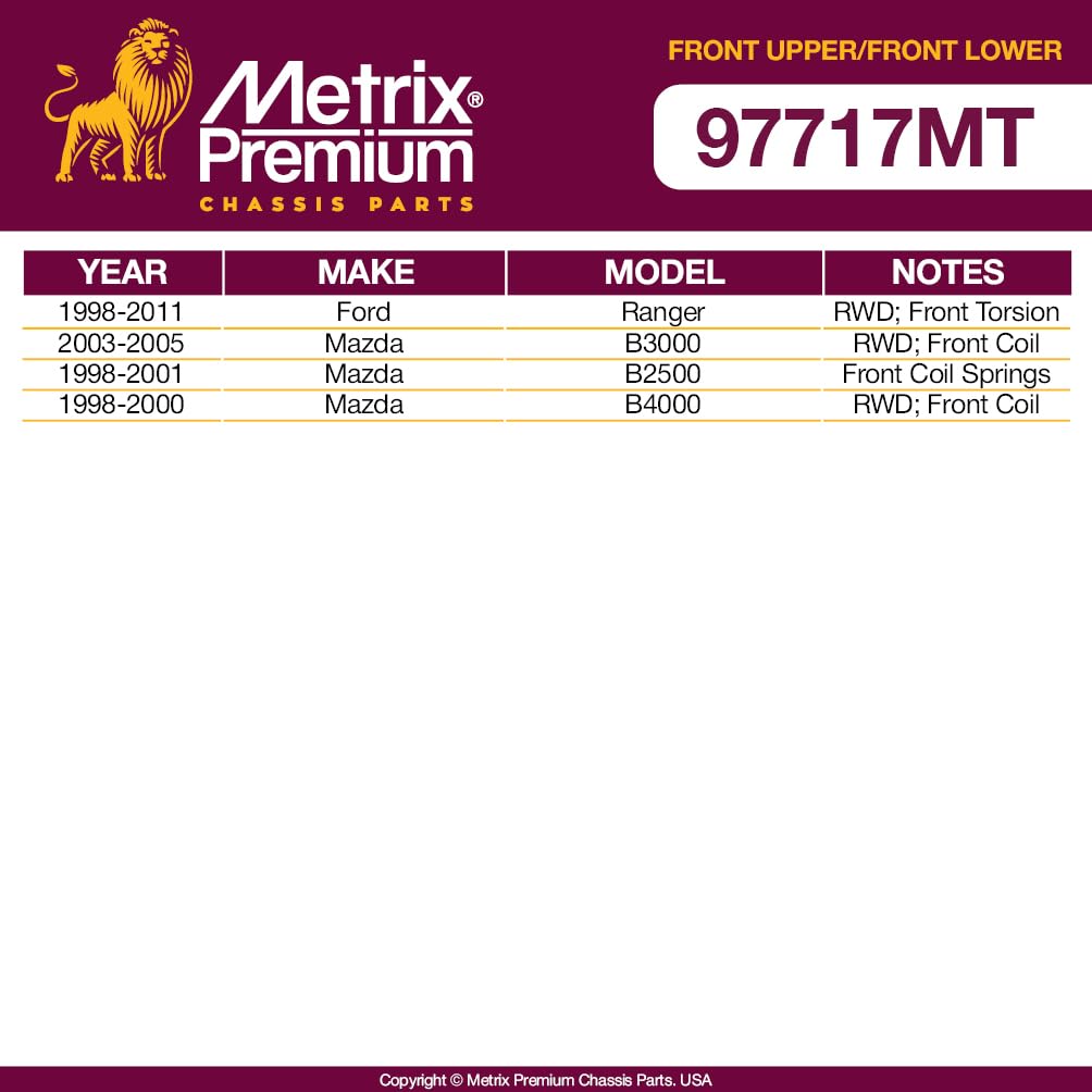 Metrix Premium Chassis Parts - 4 Pc Front L/R Upper Control Arm & Front Lower L/R Ball Joint Kit Fits 98-11 Ford Ranger Rwd, 03-