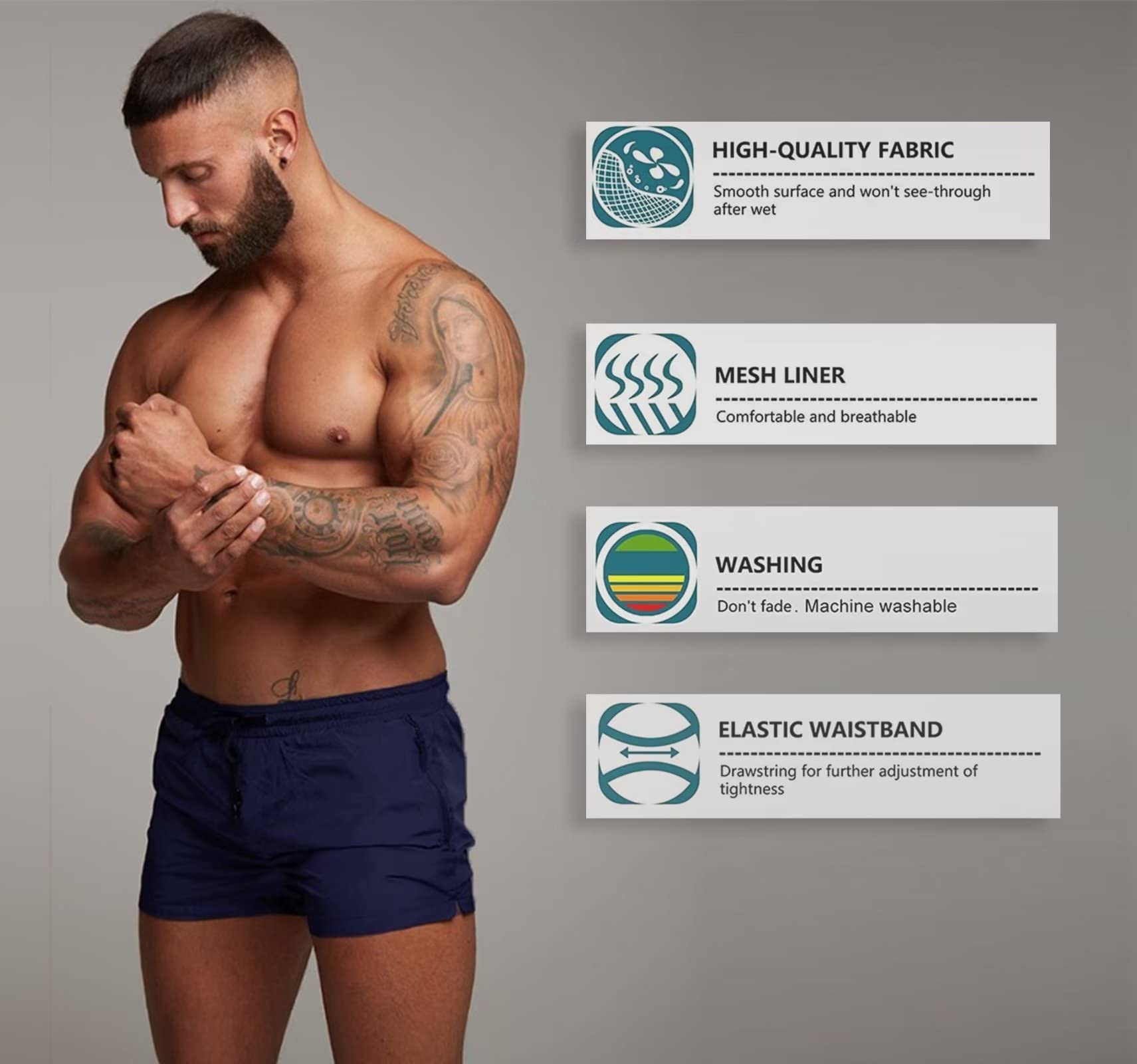 Mens Swim Trunks Quick Dry Swimwear Zipper Pockets, Swim Shorts With Mesh Lining Navy Blue