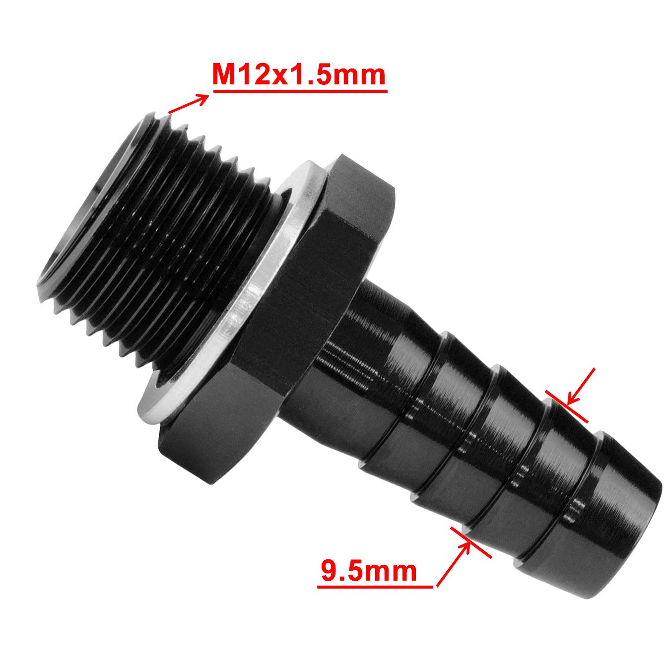 M12x1.5 Male to 3/8 (9.5mm) Hose Barb Fitting Fuel Oil Pump Inlet Adapter with AL Washer Aluminum Black Anodized