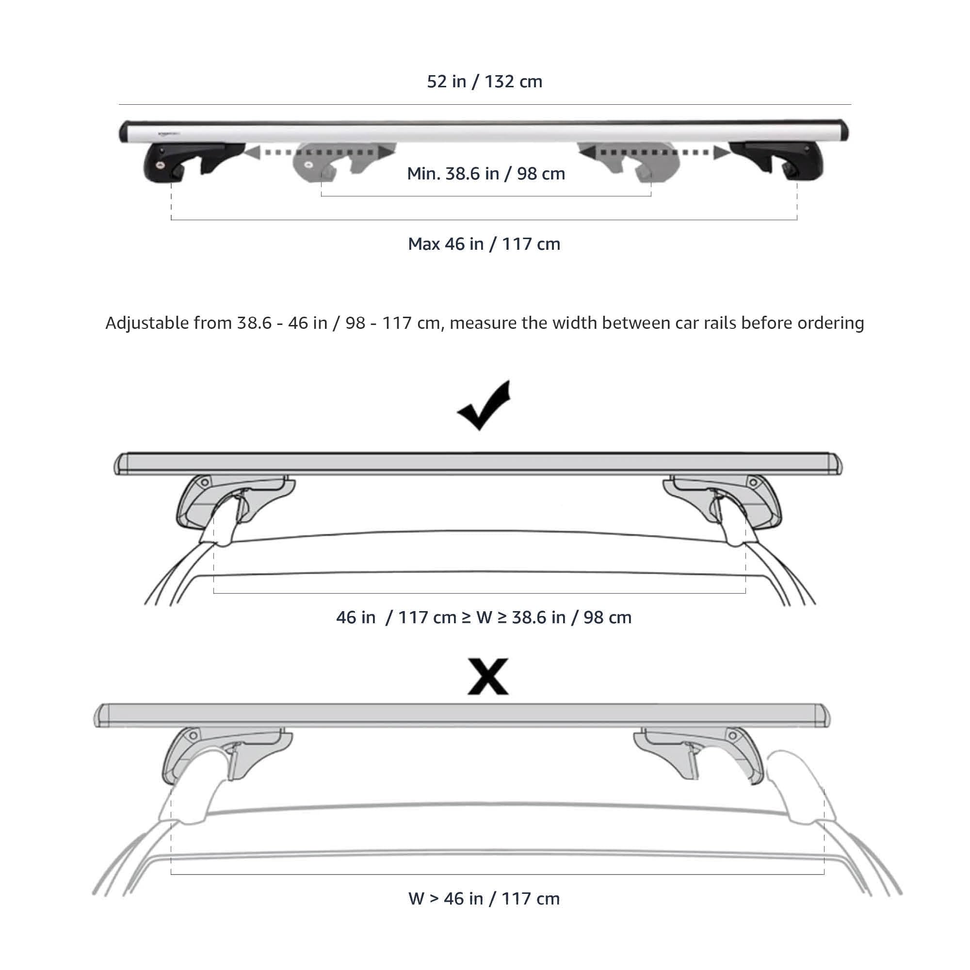 Amazon Basics Cross Rail Roof Rack, 52 in, Aluminum, Fits up to 46" Spans, Black/Silver, Pack of 2, Model DS-RB-004-1