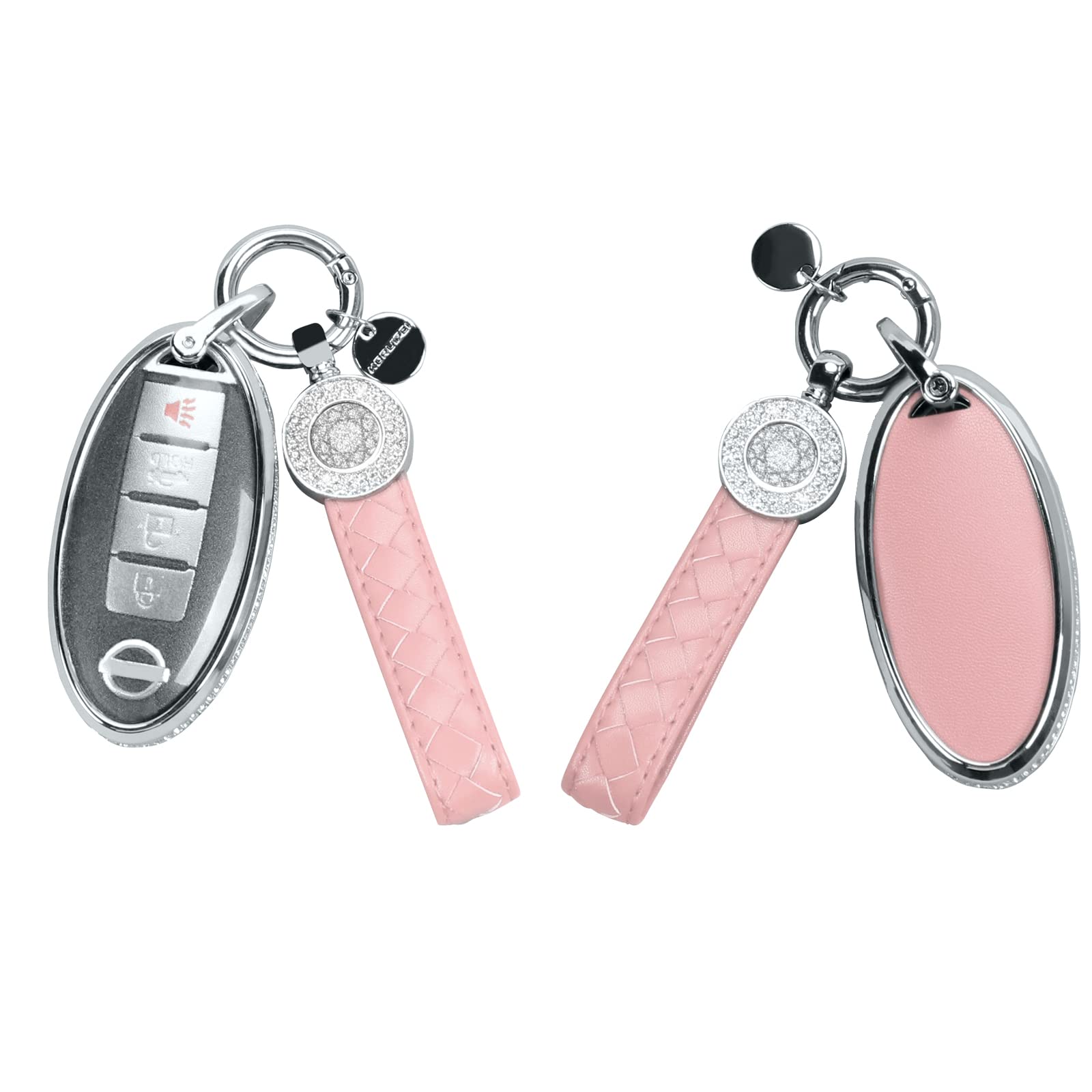 Ruabiban For Nissan Key Fob Cover With Keychain, Pink Leather Crystal Key Case Protection Shell Compatible With Nissa 5 Buttons