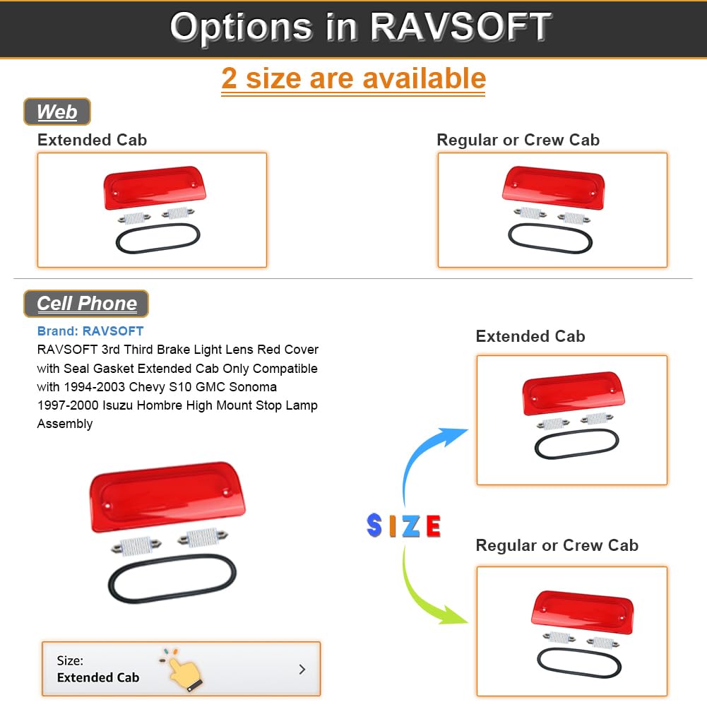 RAVSOFT 3rd Third Brake Light Lens Red Cover with Seal Gasket Extended Cab Only Compatible with 1994-2003 Chevy S10 GMC Sonoma 1