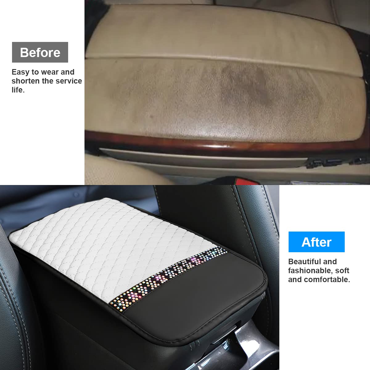 Bling Leather Car Center Console Cover, Car Center Console Protector With Glossy Crystal Rhinestone, Universal Waterproof Car Armrest Seat Box Cover For Most Car, Vehicles, Suvs, Trucks (White)