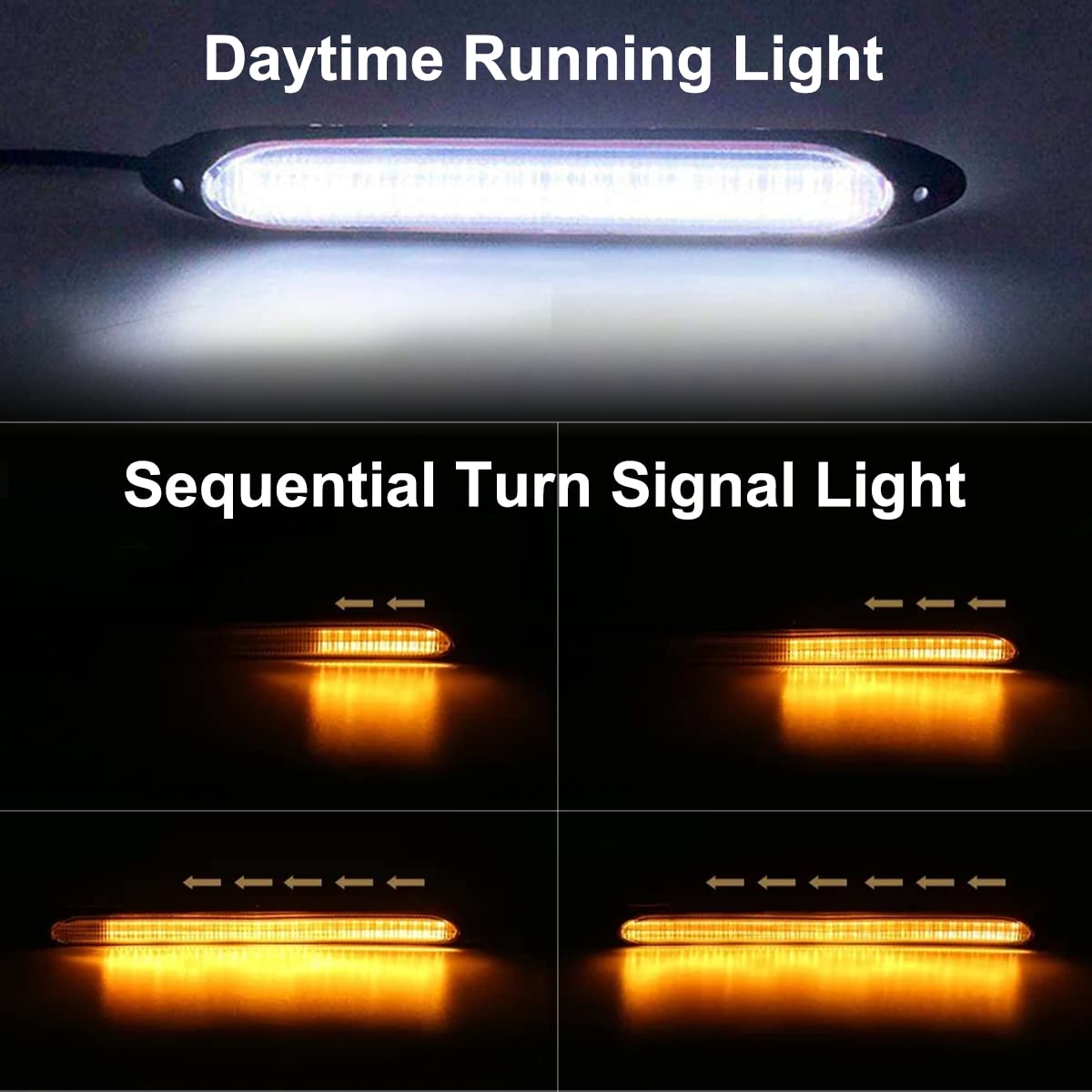 Exterior Car Led Lights, 2Pcs Flexible Daytime Running Light Strip Waterproof Auto Headlight Sequential White Turn Signal Yellow