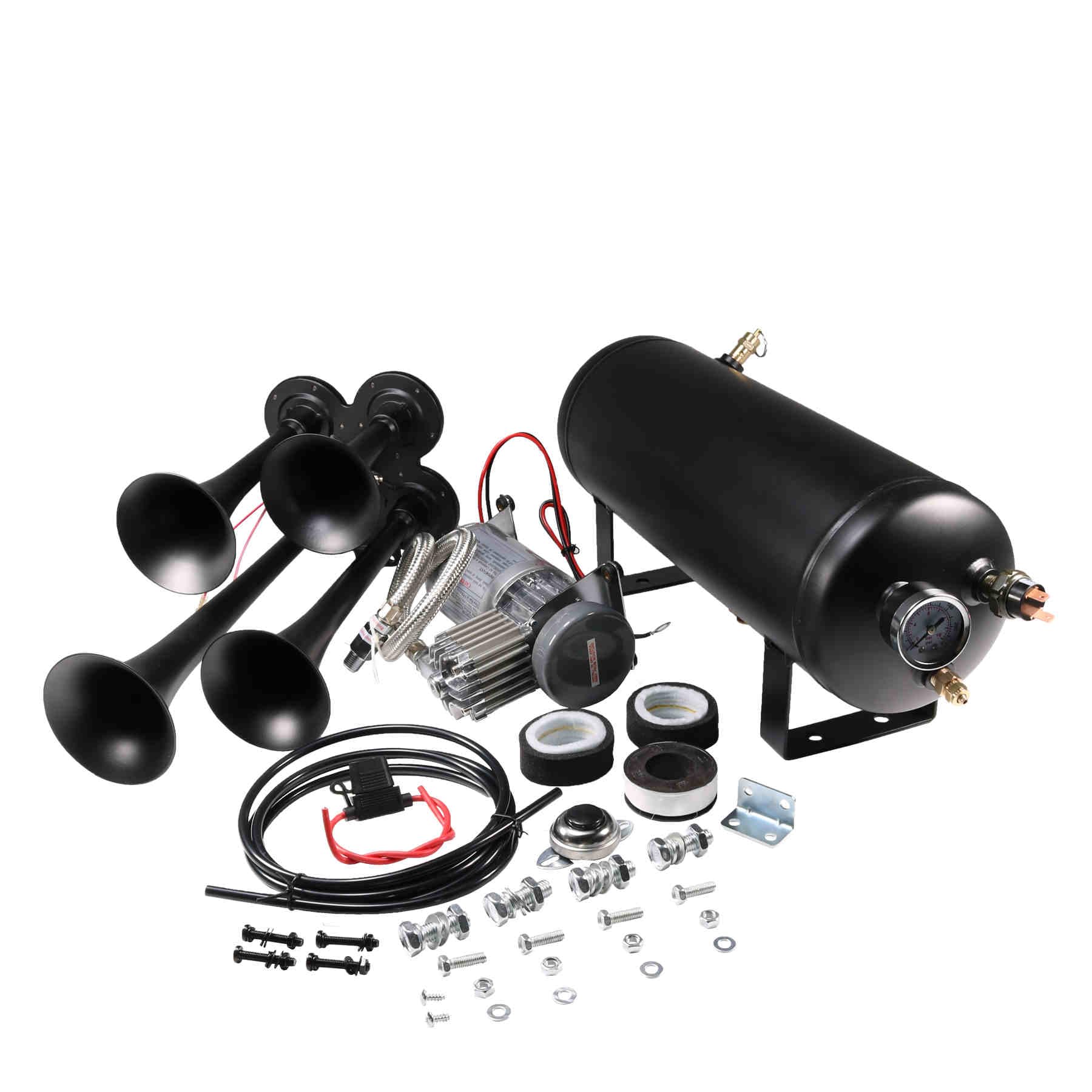 12V 4 Trumpets Train Horn Kit 150psi Complete Onboard System 150psi Air Compressor 1.5 Gallon Air Tank 4 Trumpets Fits Any Vehic