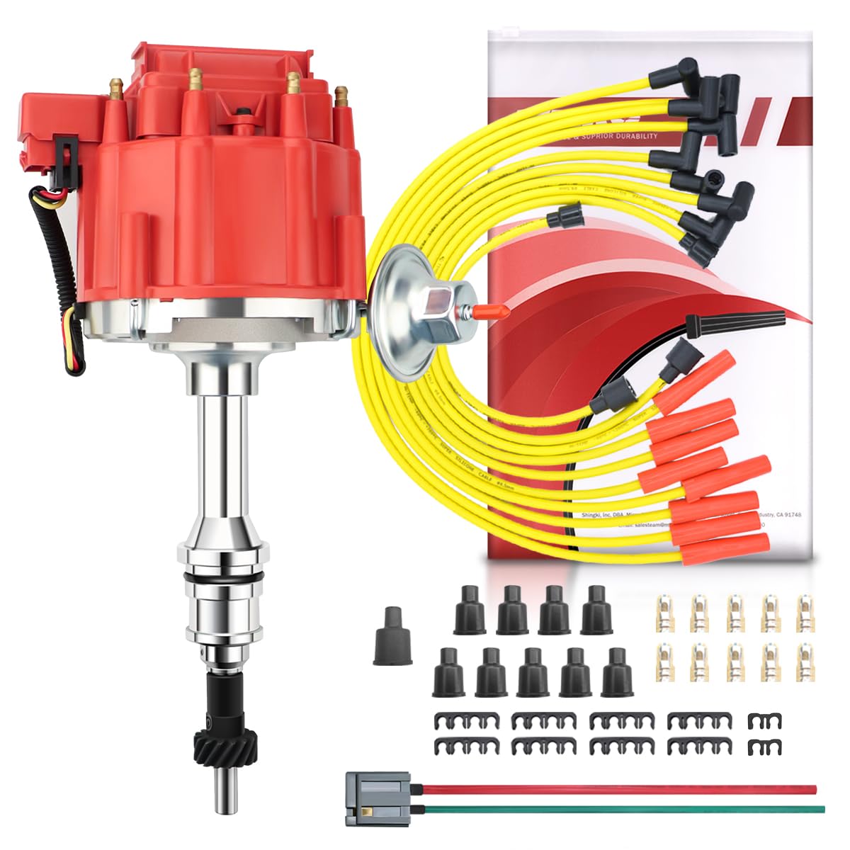 MAS Premium HEI Ignition Distributor 65K Volt with Performance Spark Plug Wires & Free Pigtail Battery Wiring Harness Compatible