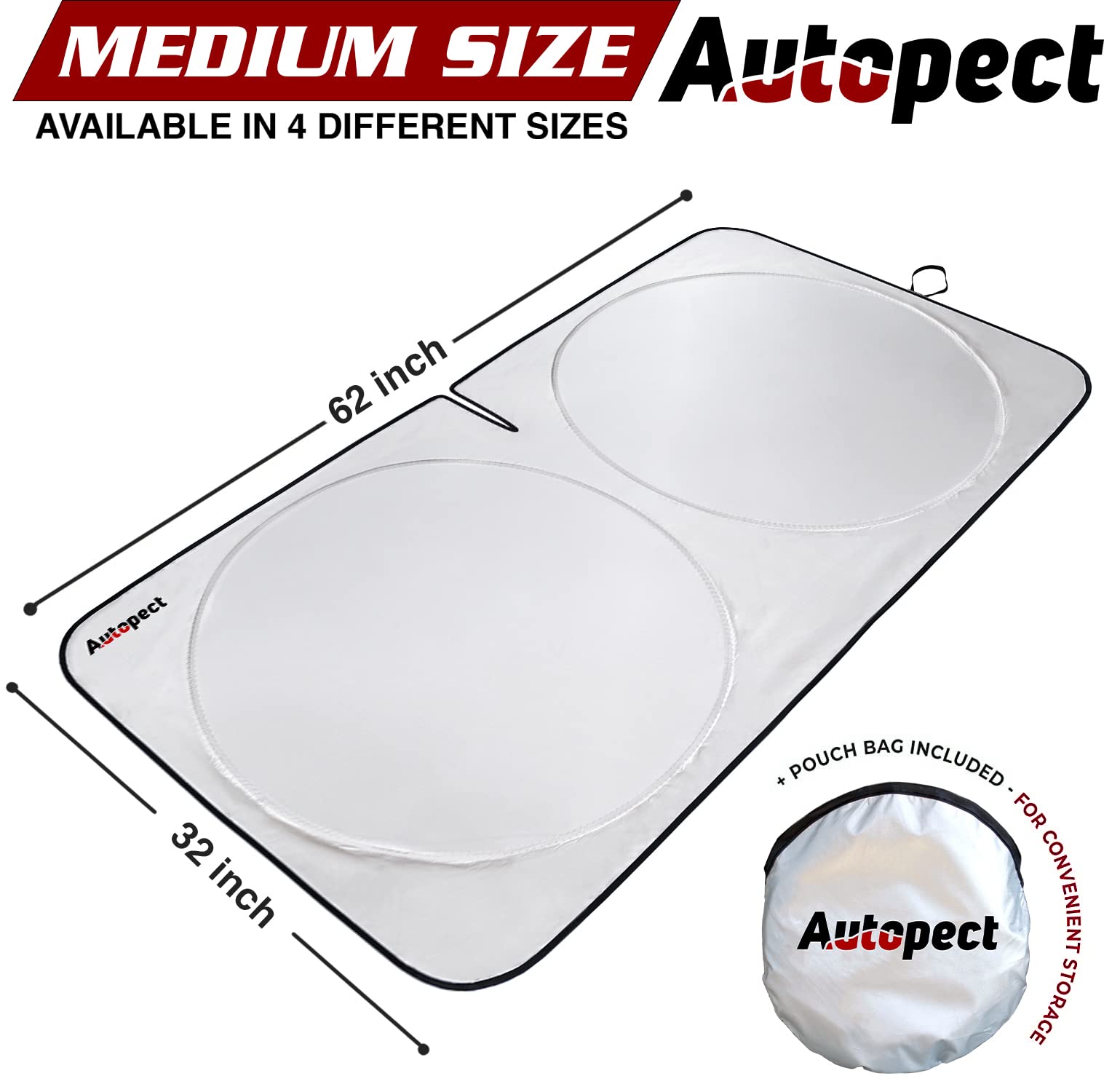 Autopect Windshield Sun Shade, Foldable Sun Blocker For Car, Truck, Suv Automotive Interior Sun Protection, Reflective Shade For Front Windshield With Mirror Cut-Out Keeps Car Cool (Medium)