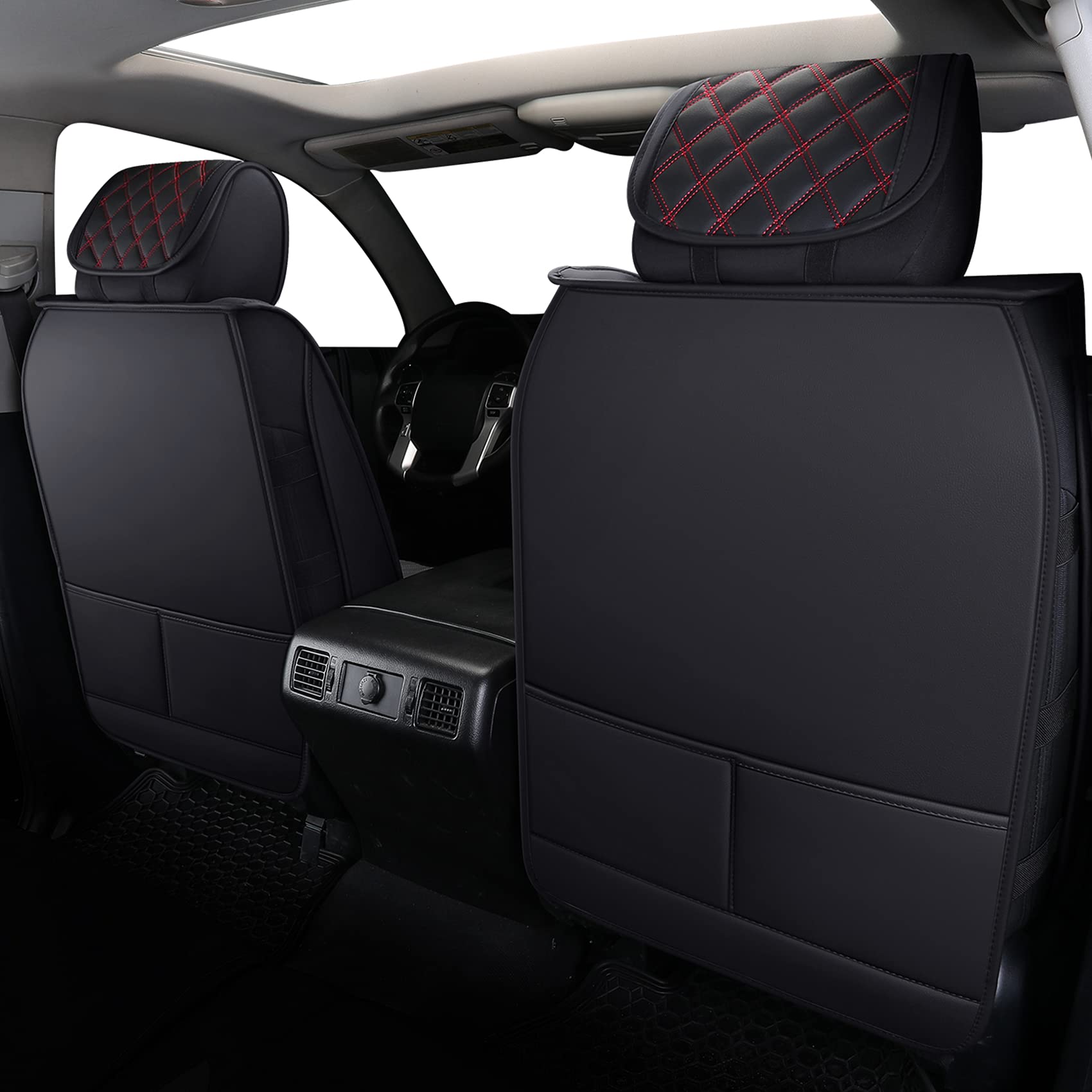 YIERTAI Waterproof Leather Seat Covers for 2008-2025 Toyota Tundra SR5, 5 PCS Full Set, Black-Red, Crewmax/Double Cab Protection