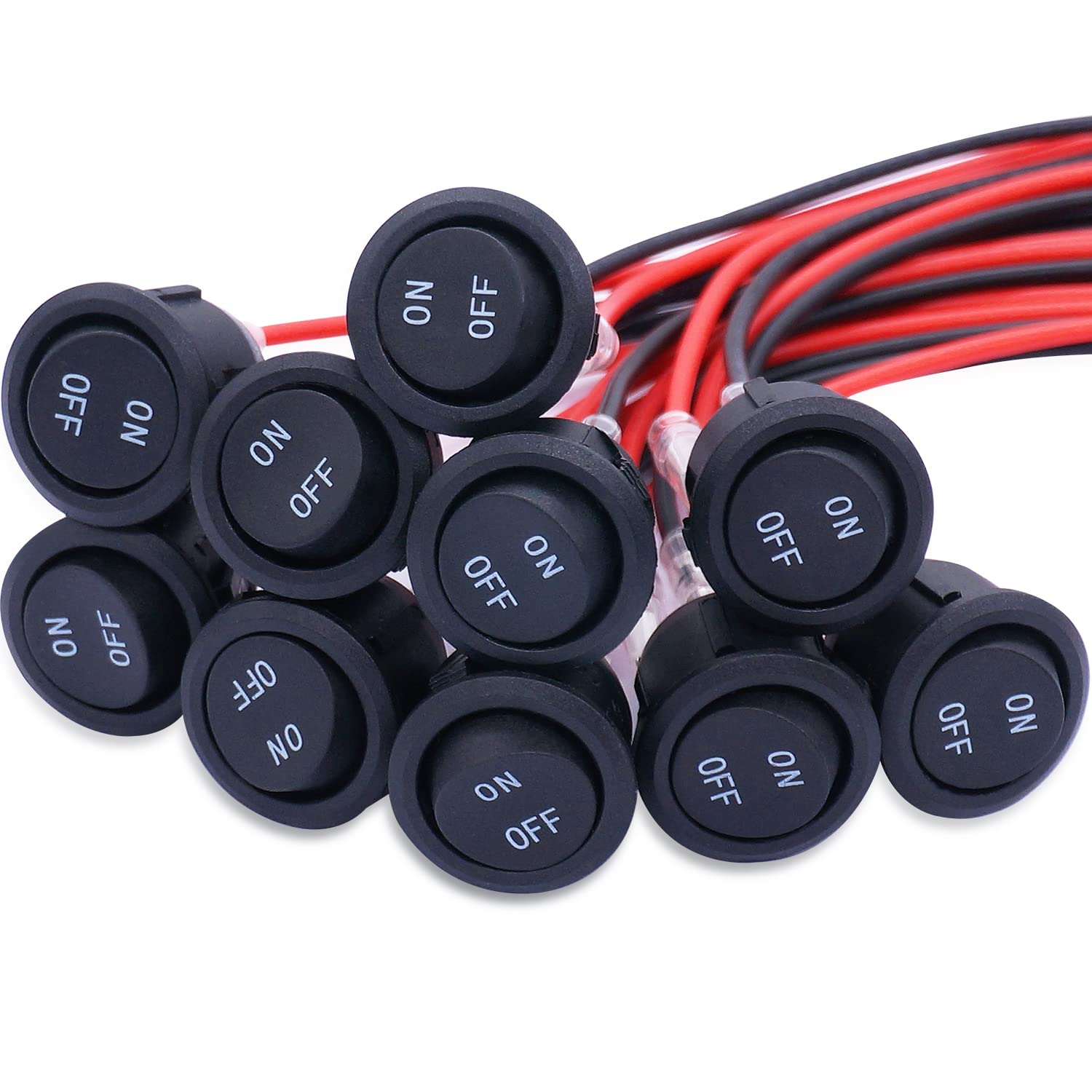 Twidec/10Pcs 12V Round Rocker Switch On Off Ac 6A/250V 10A/125V Spst 2 Pin 2 Position 12 Volt Dc Circle Toggle Switch For Car Boat Automotive Rv Black With Wires Kcd1-5-101-On-Off
