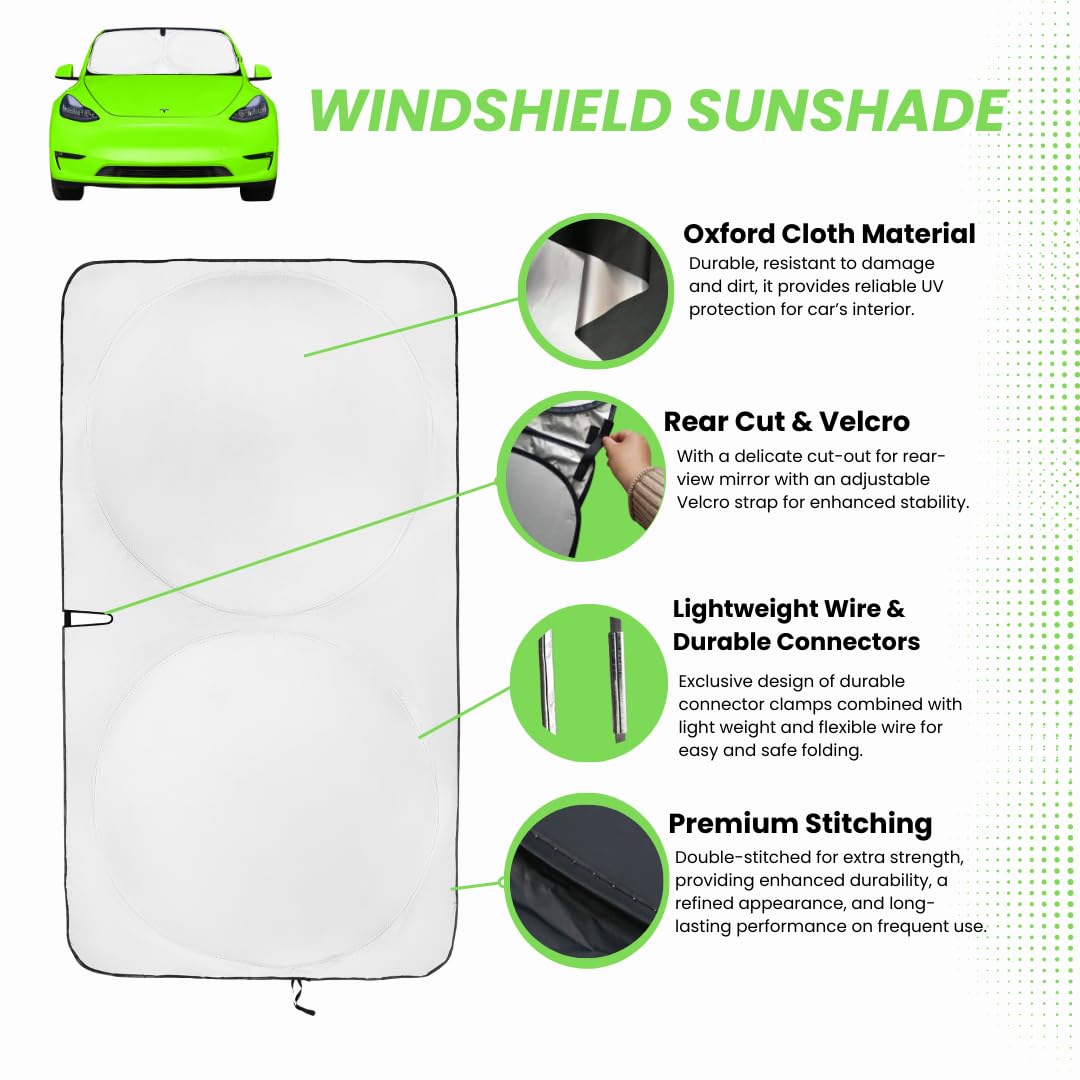 Kinder Fluff Patented Windshield Sun Shade For Teslas 3 & Y | Oxford Cloth Foldable Car Sun Shield | Thicker Window Shades For T