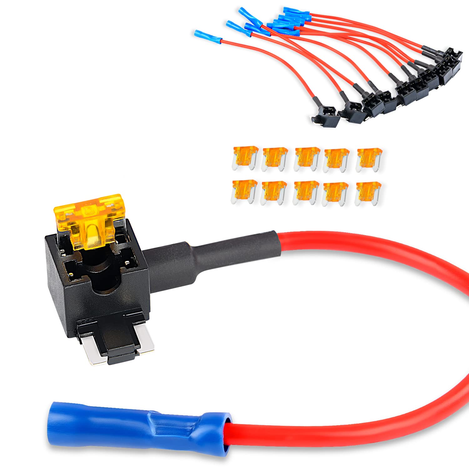 Nilight - 50038R 10 Pack 12V Car Add-A-Circuit Fuse Tap Adapter With 5 Amp Low Profile Mini Blade Fuse Set For Cars Trucks Boats,Blue, Red, Black, Orange