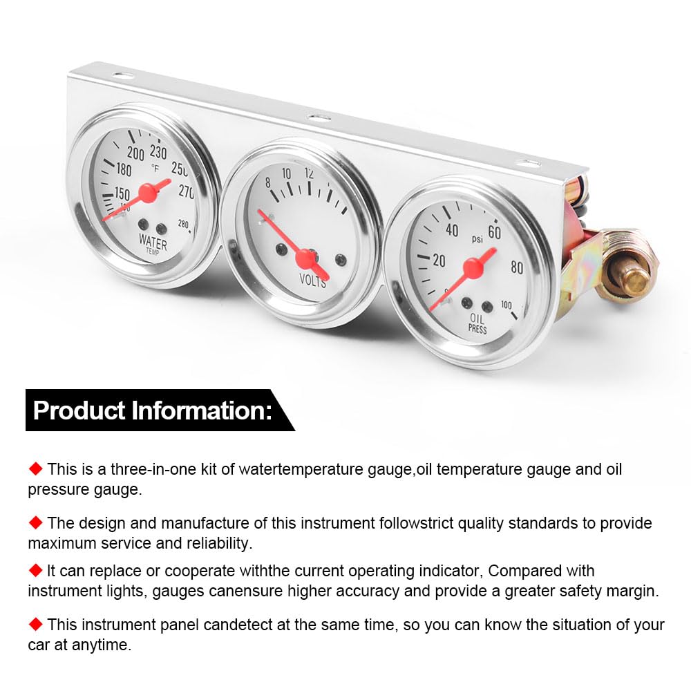 Dyno Racing 2inch 52MM Triple Gauge kit Volt Meter Water Temp Temperature Gauge Oil Press Pressure Gauge Car Meter Triple Gauge