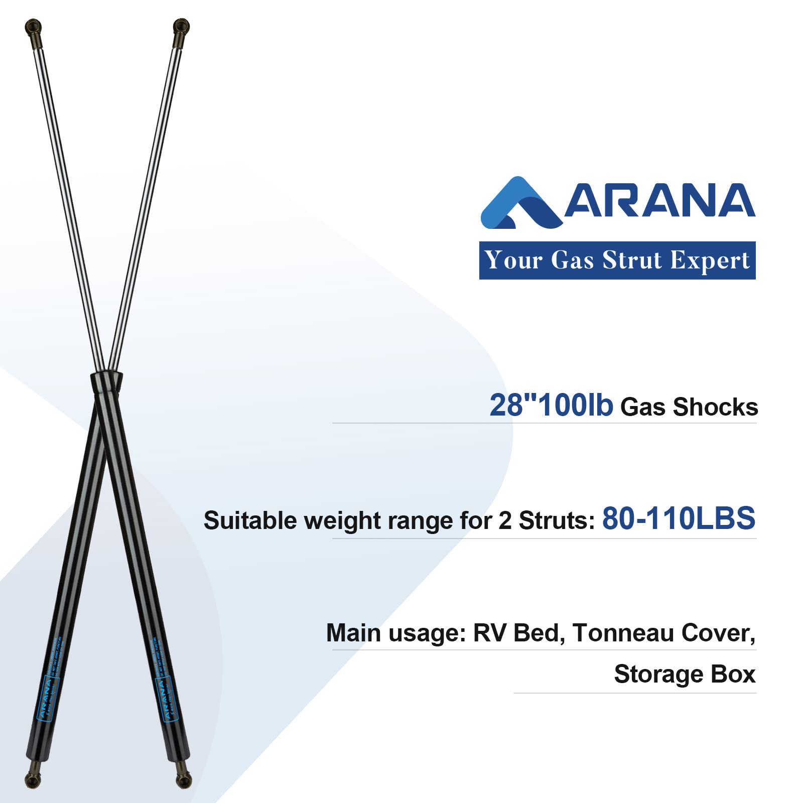 ARANA 28 inch 100 LB Gas Struts Shocks Lift Support Gas Spring for Heavy LIds RV Bed Truck Tonneau Cover Trap Basement Door TV C