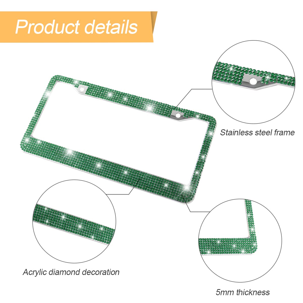 Yalok Bling Car License Plate Frame, Sparkly Rhinestone Stainless Steel License Plate Cover/Holder, Universal For Most Cars, Suvs, Vehicles With Screw Set, Auto Accessories For Women (Dark Green)