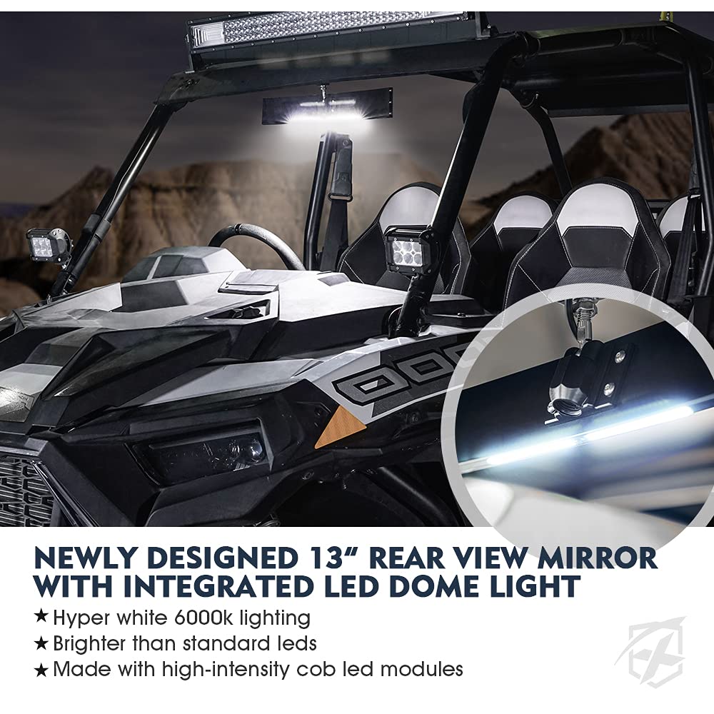 Xprite 13' Aluminum Utv Rear View Center Mirror W/Interior Lights, Curved Rearview Mirror Fits 1.75' - 2' Mount For Polaris Rzr Sxs Can-Am X3 Arctic Cat Kawasaki Yamaha Honda, Patent Design