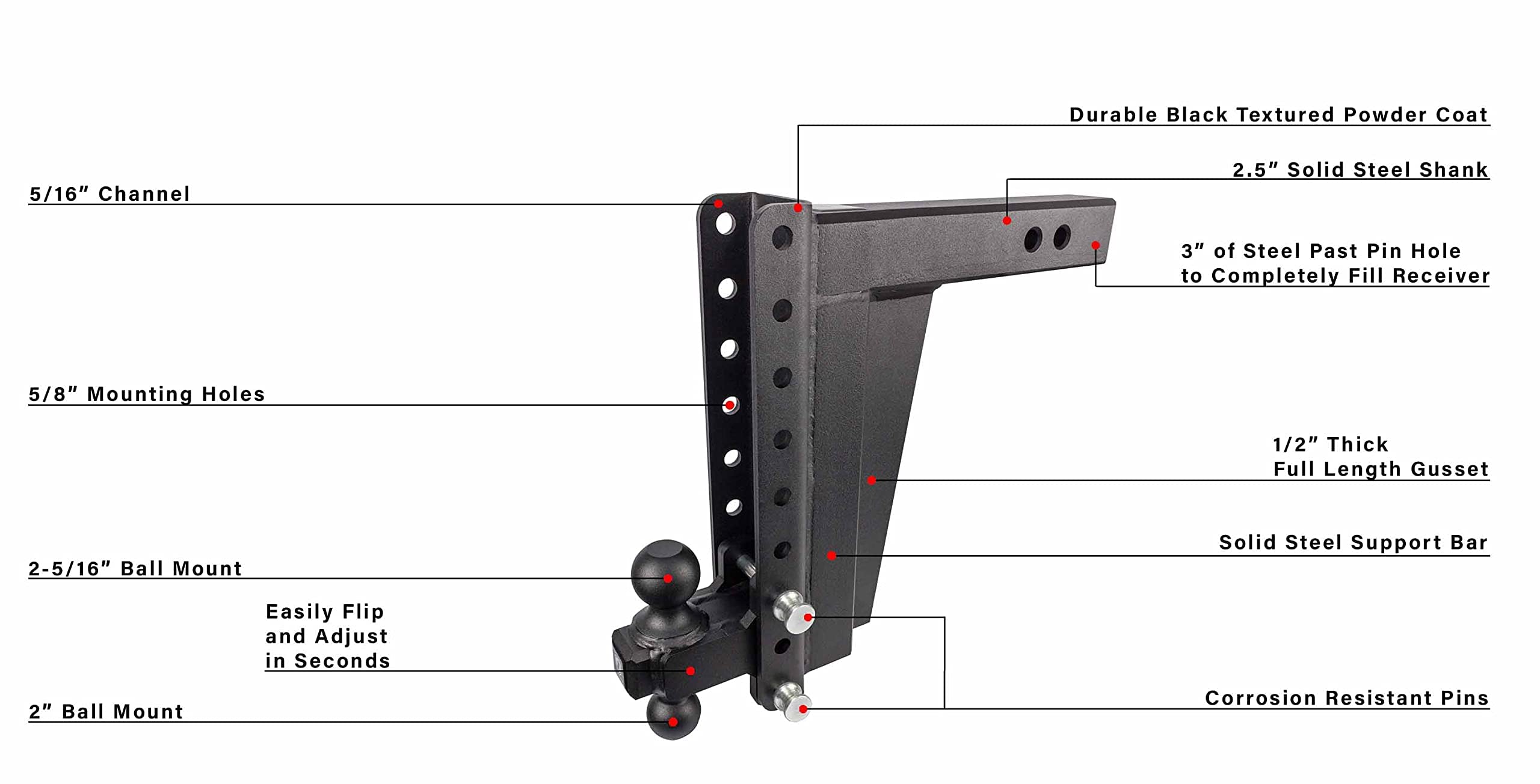 Bulletproof Hitches 2.5'' Adjustable Extreme Duty (36,000Lb Rating) 12'' Drop/Rise Trailer Hitch With 2'' And 2 5/16'' Dual Ball