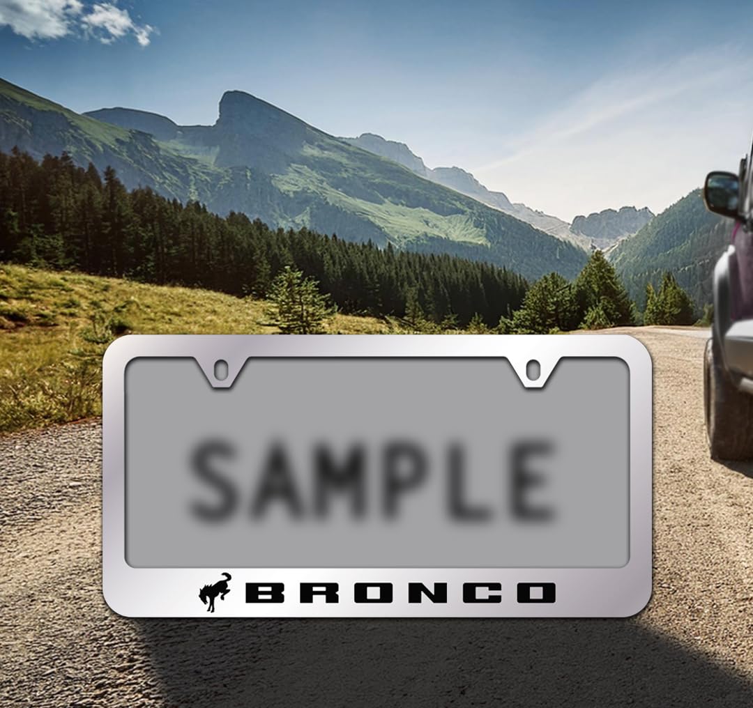 Ford Bronco Metal License Plate Frame Tag Holder - Chrome With Black