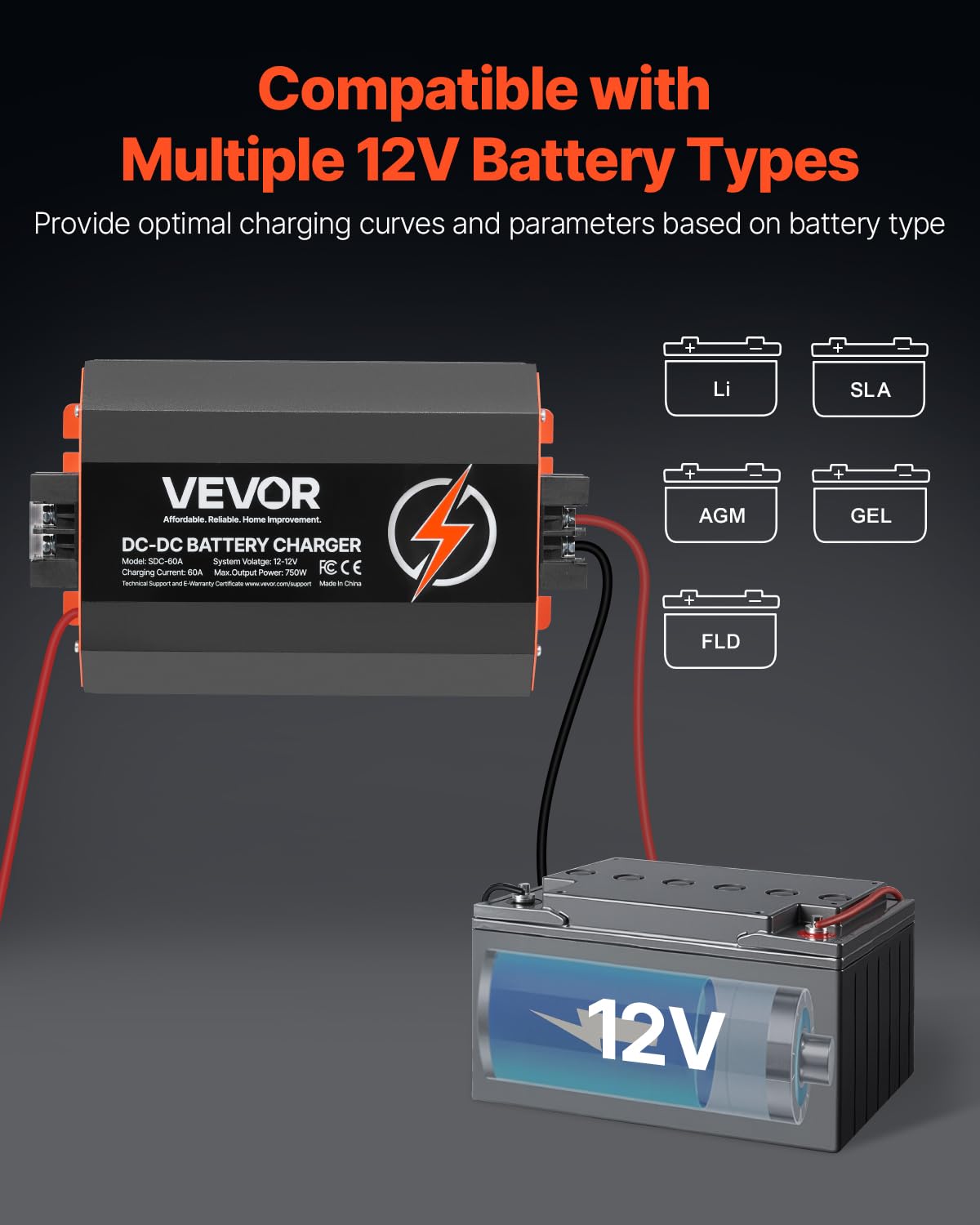 VEVOR 12V 60A DC to DC Battery Charger, 750W, On-Board Battery Charger for Lead-Acid, Lithium, AGM, Gel, and Flooded Batteries,