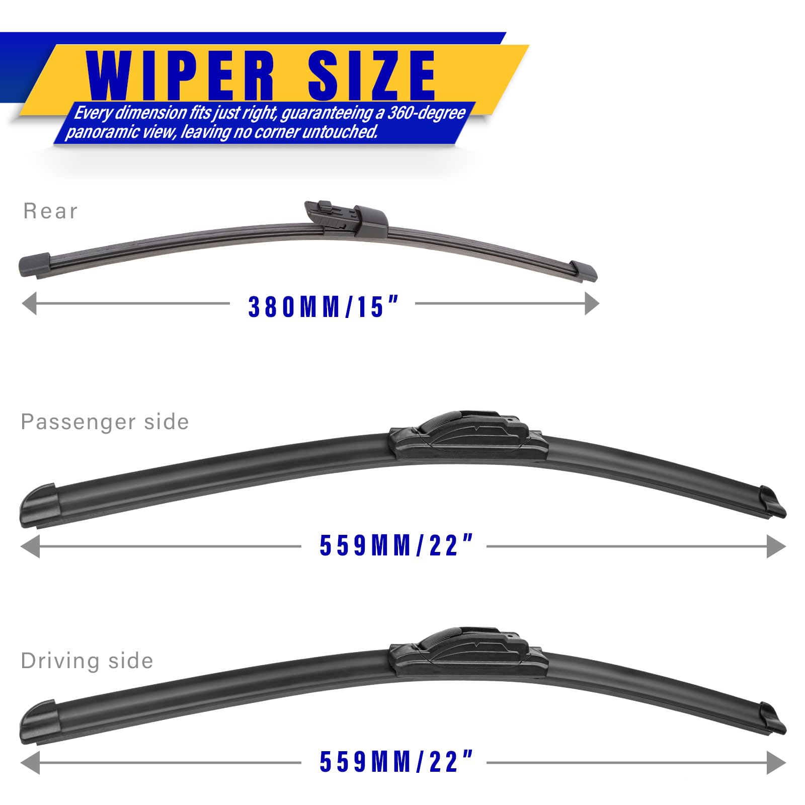 3 Wipers Replacement For 2017 Ford Expedition, Windshield Wiper Blades Original Equipment Replacement - 22''/22''/15'' (Set Of 3