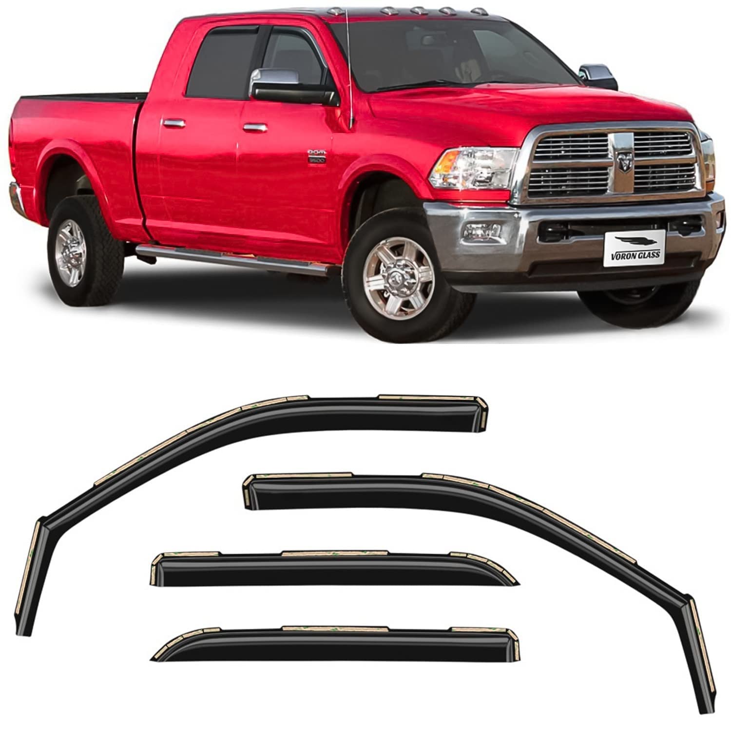 Voron Glass In-Channel Extra Durable Rain Guards For Trucks Dodge Ram 2009-2018 Crew Cab, Window Deflectors, Vent Window Visors,
