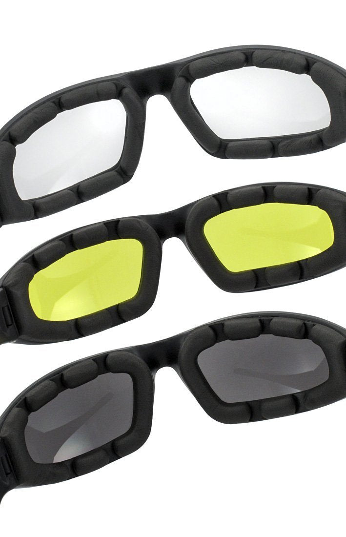 Luckystone 3 Pair Uv Protection Motorcycle Riding Glasses Padding Goggles Bicycle Sunglasses - Smoke Clear Yellow