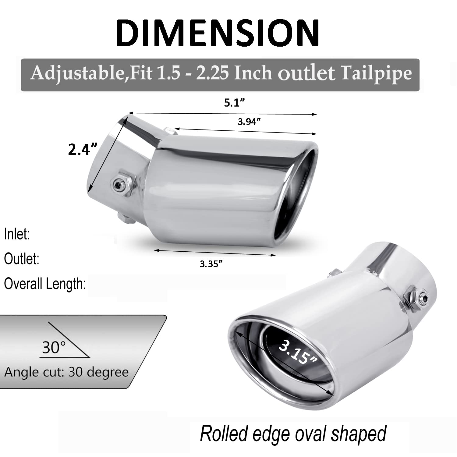 Dsycar Universal 1.5-2.25 Inch Adjustable Inlet Exhaust Tips, Bolt-On Design Chrome Plated Stainless Steel Exhaust Tailpipe Tips