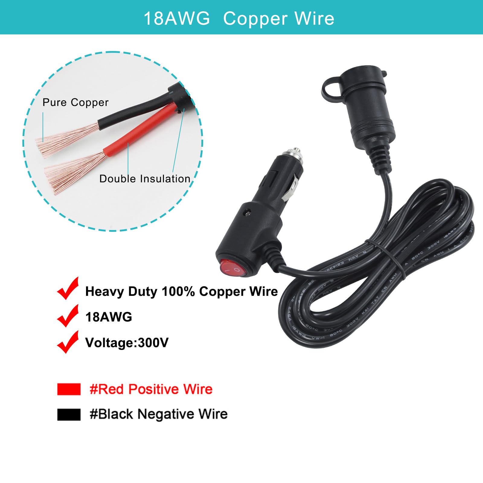10Ft 12Volt Dc Cigarette Lighter Extension Cord With On Off Switch - Black Car Power Charge Extension Cable With 15A Fuse, Cigar