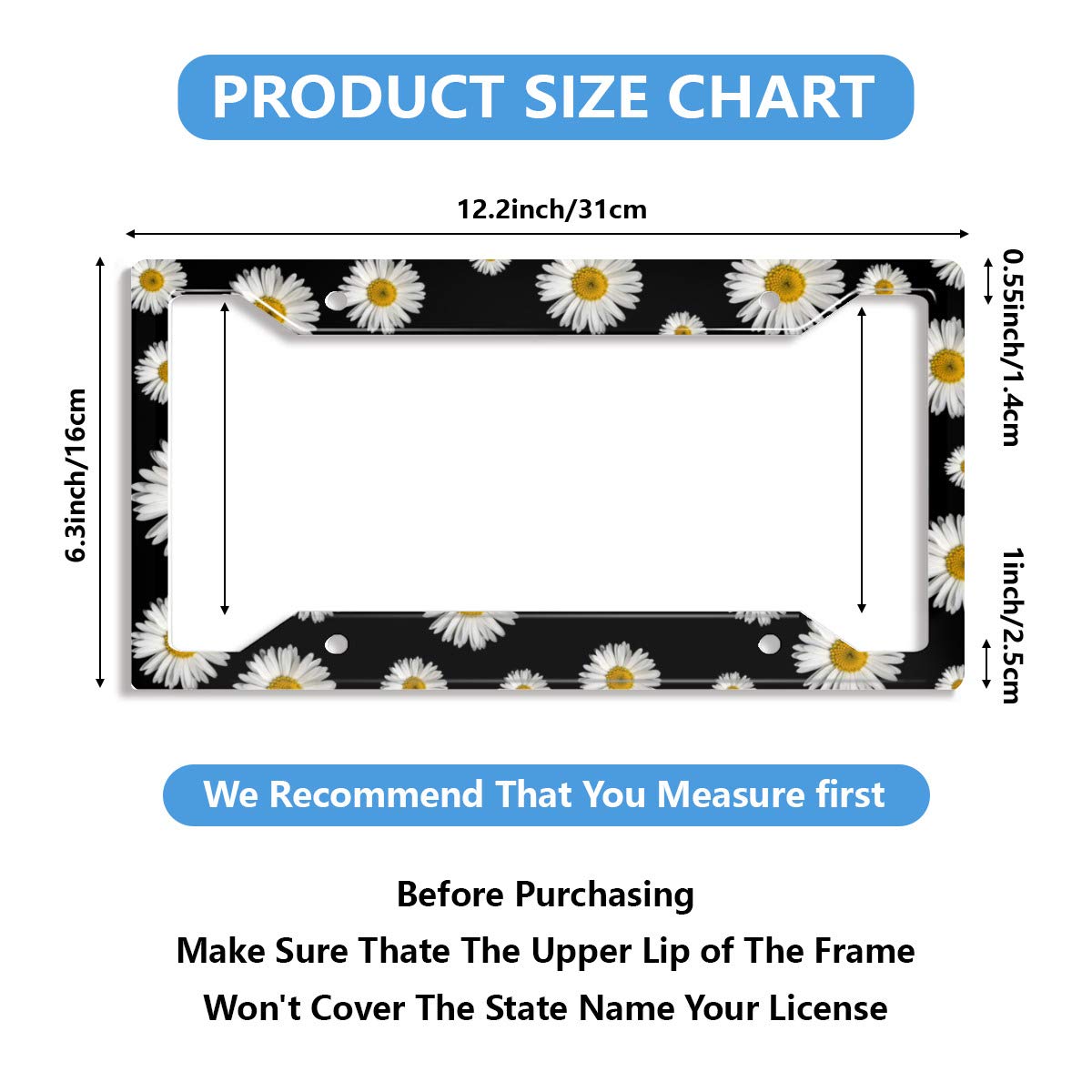 Personalized License Plate Frame Stainless Steels Cute White Daisy Black Background License Plate Car Tag Holder With 4 Holes An