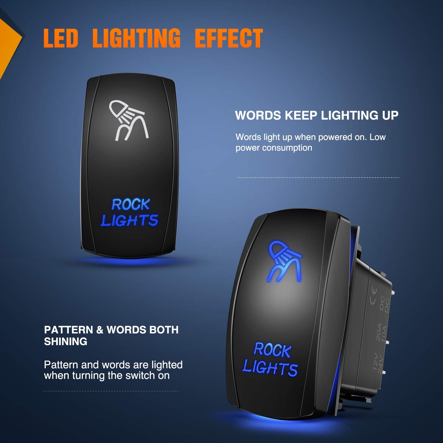 Nilight - 90008B Rock Lights Rocker Switch Led Light Bar 5Pin Laser On/Off Led Light 20A/12V 10A/24V Switch Jumper Wires Set For