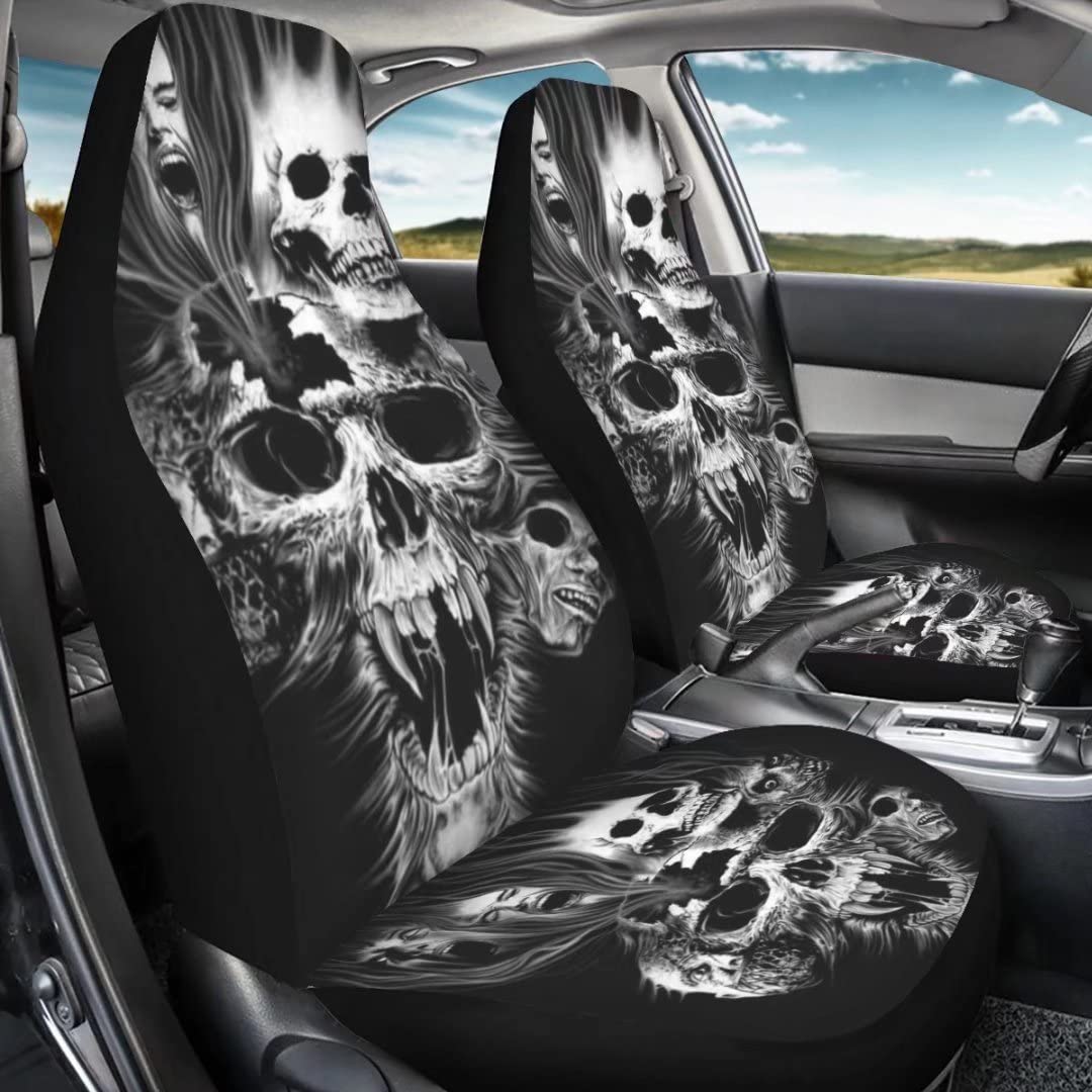 Dellukee Auto Front Car Seat Covers Seats 2 PCS Skull Print Universal Bucket Interior Accessories Decoration fits Most Cars, SUV