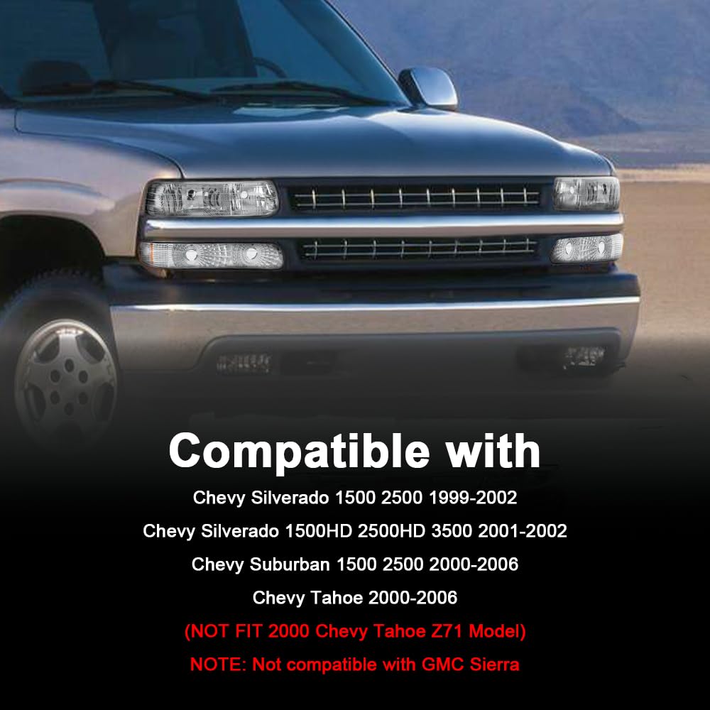 Cheda Headlight Assembly Turn Signal Lamp Fit Chevy Silverado 1500/2500 99-02 / Suburban 1500/2500/Tahoe 00-06(Clear Lens Chrome