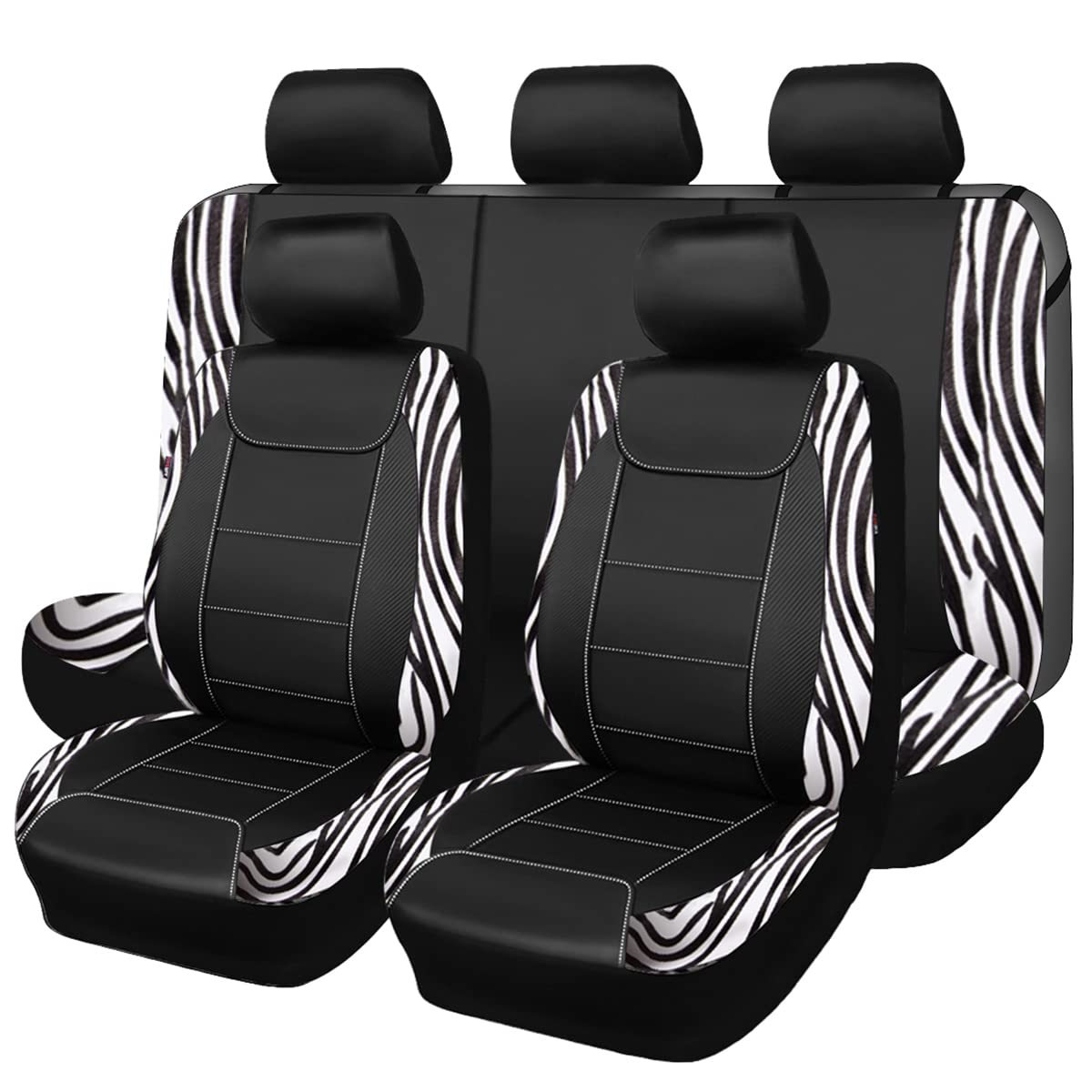 Flying Banner Car Seat Covers Protects Zebra Printing Velvet Faux Leather Carbon Fiber Front And Rear Bench Full Set (Zebra Blac