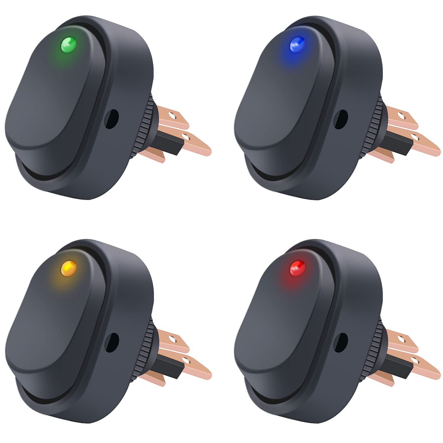 Twidec/4Pcs Led Lighted Rocker Switch Toggle 12V 30A Spst 3 Pin On-Off 4 Colour Round Dot Switch For Car Boat Marine Asw-20D-4C