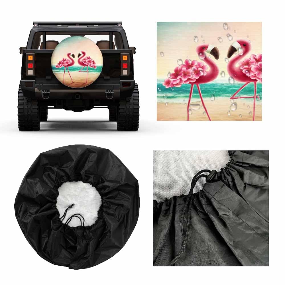 MIYASANG 2 Flamingos on the Beach Spare Tire Cover Flower Pink Bird Exotic Love Elegant Stand Weatherproof Universal Wheel Prote