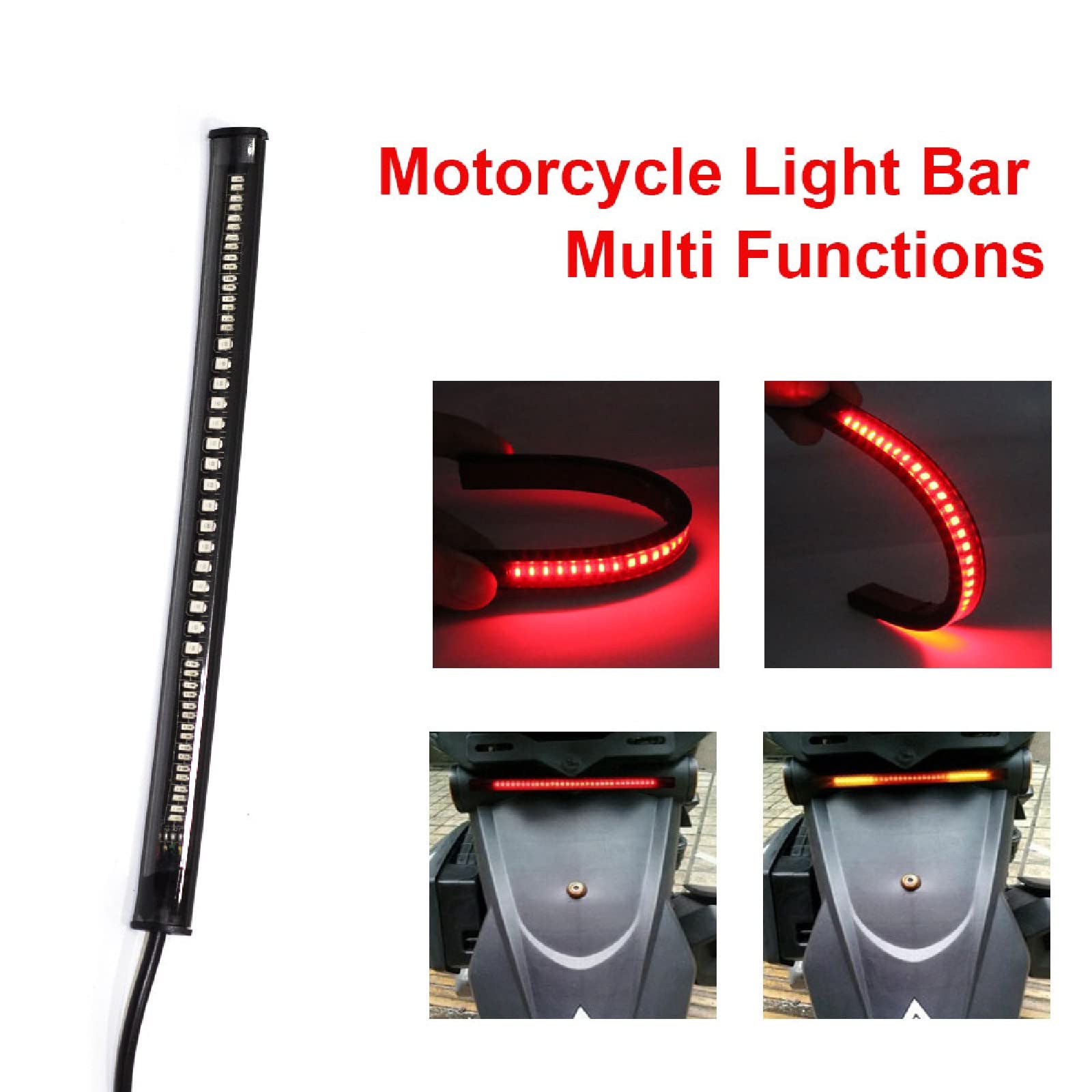 Jaxiria Universal Led Strip Motorcycle Tail Lights With Turn Signals, 48Led 8” Flexible Brake Stop License Plate Lights Integrated For Harley Davidson Motorcycle/Bike/Atv/Rv/Suv(1Xamber Red)