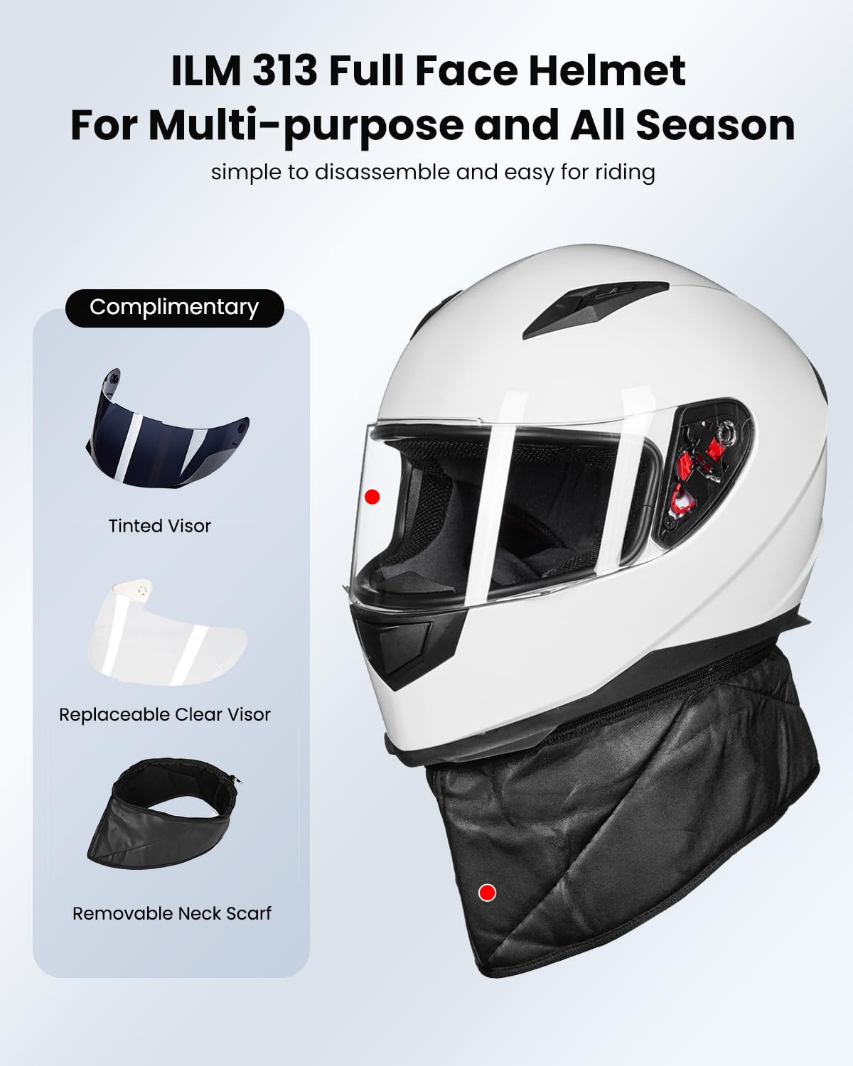 Ilm Full Face Motorcycle Street Bike Helmet With Removable Winter Neck Scarf + 2 Visors Dot Model-Jk313 (S, White)