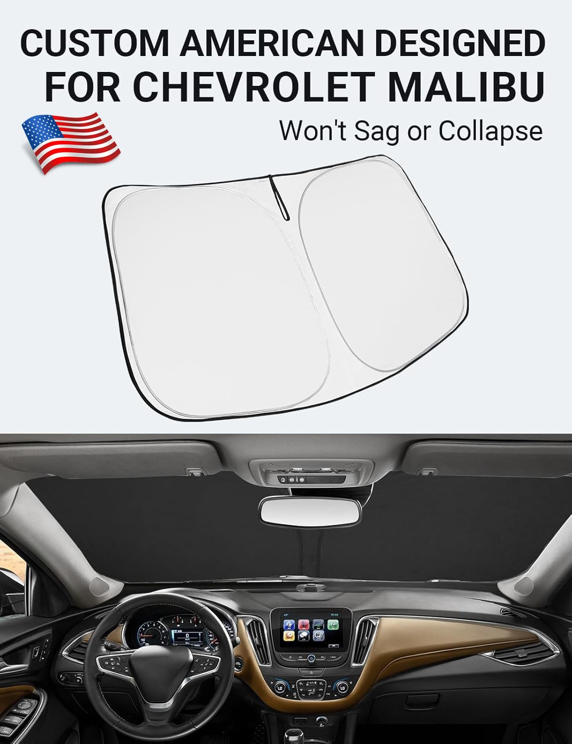 Proadsy 2025 Upgrade Windshield Sun Shade Custom Fit Chevrolet Malibu 2016-2024 2025 4-Layer Foldable Front Sunshade Protector S