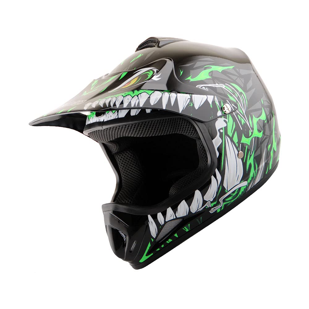 Wow Youth Kids Motocross Bmx Mx Atv Dirt Bike Helmet Dragon Green + Goggles + Mg Youth Green Glove Bundle